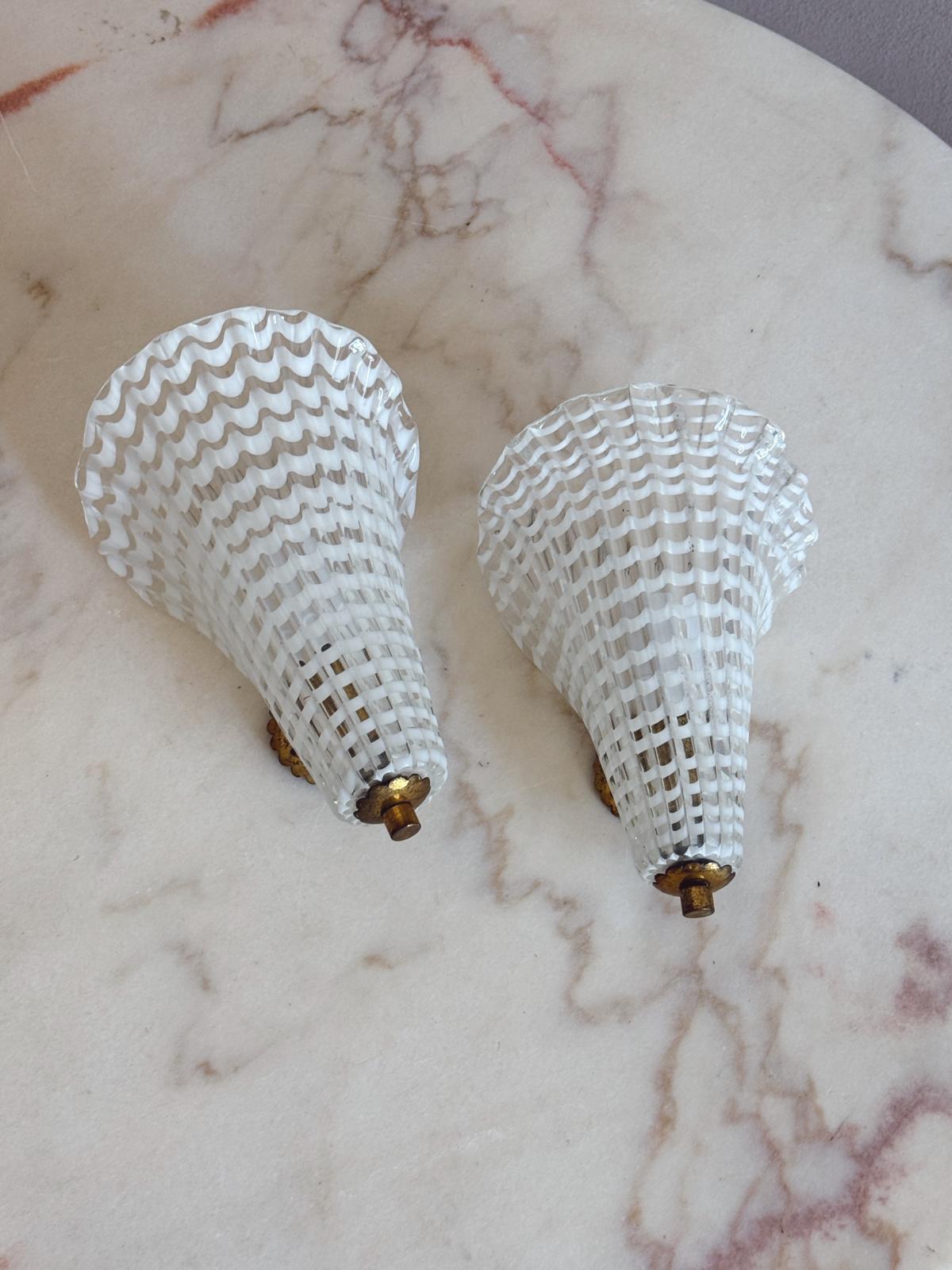 Pair of 1950s Murano Glass Reticello Appliques