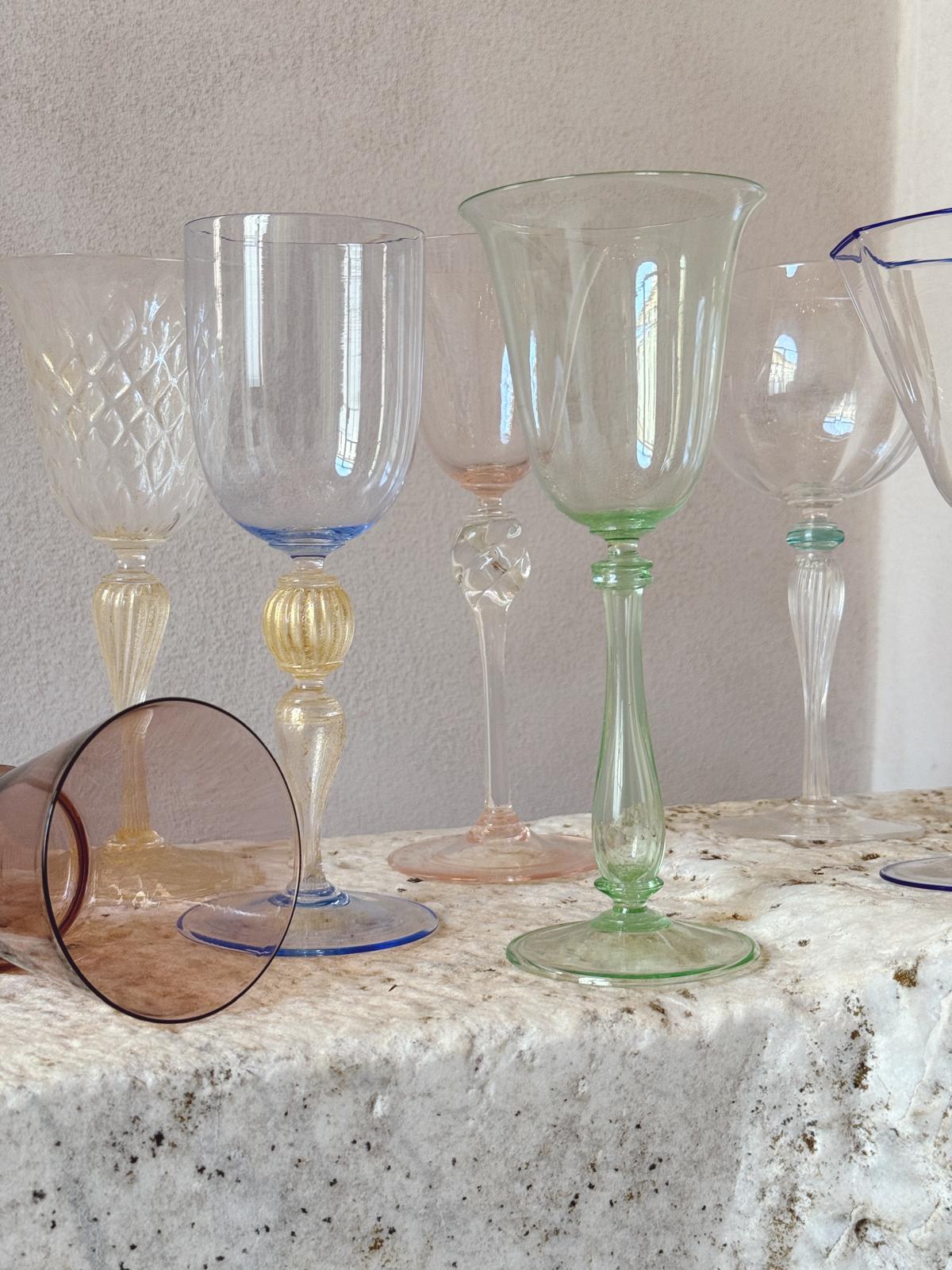 Perfectly Unmatched 1930s Duca Murano Wine Glasses (Set of 8)