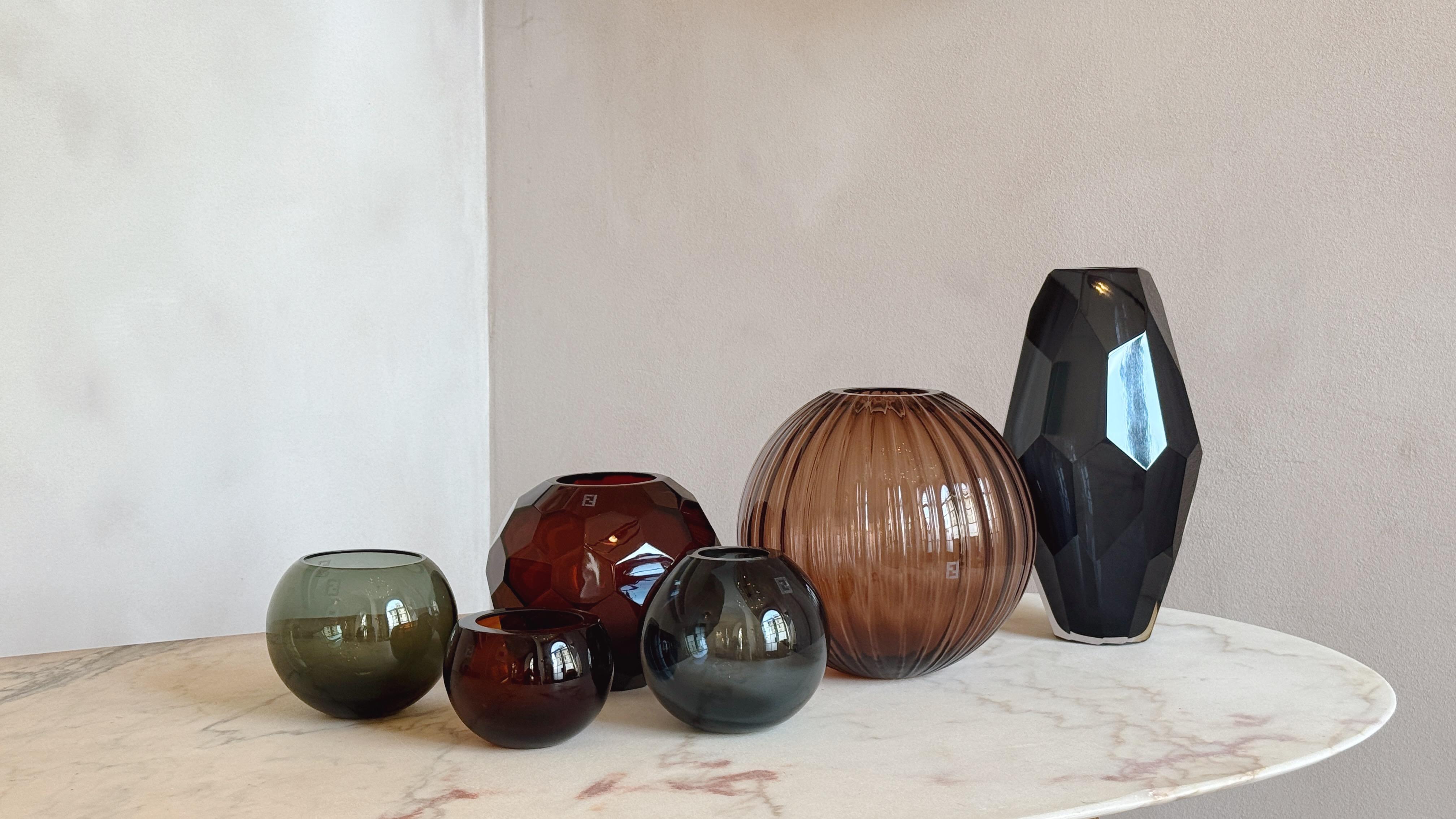Duo of Blue & Brown Murano Glass Spherical Bowls for Fendi Casa