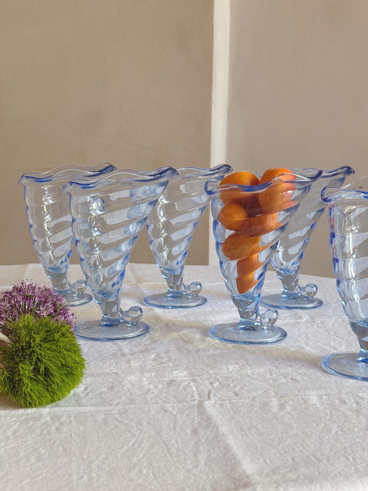 Set of Six Blue Shell-shaped Italian glass Gelato bowls