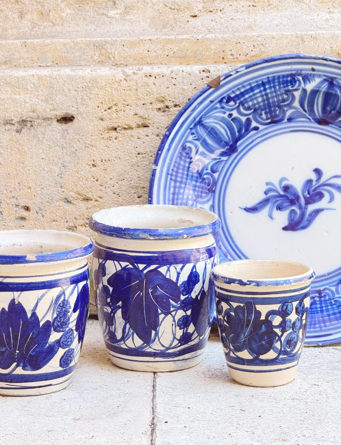 Three Hand-painted Ceramic Pugliese Pots with Sicilian Flower Plate, 1800s