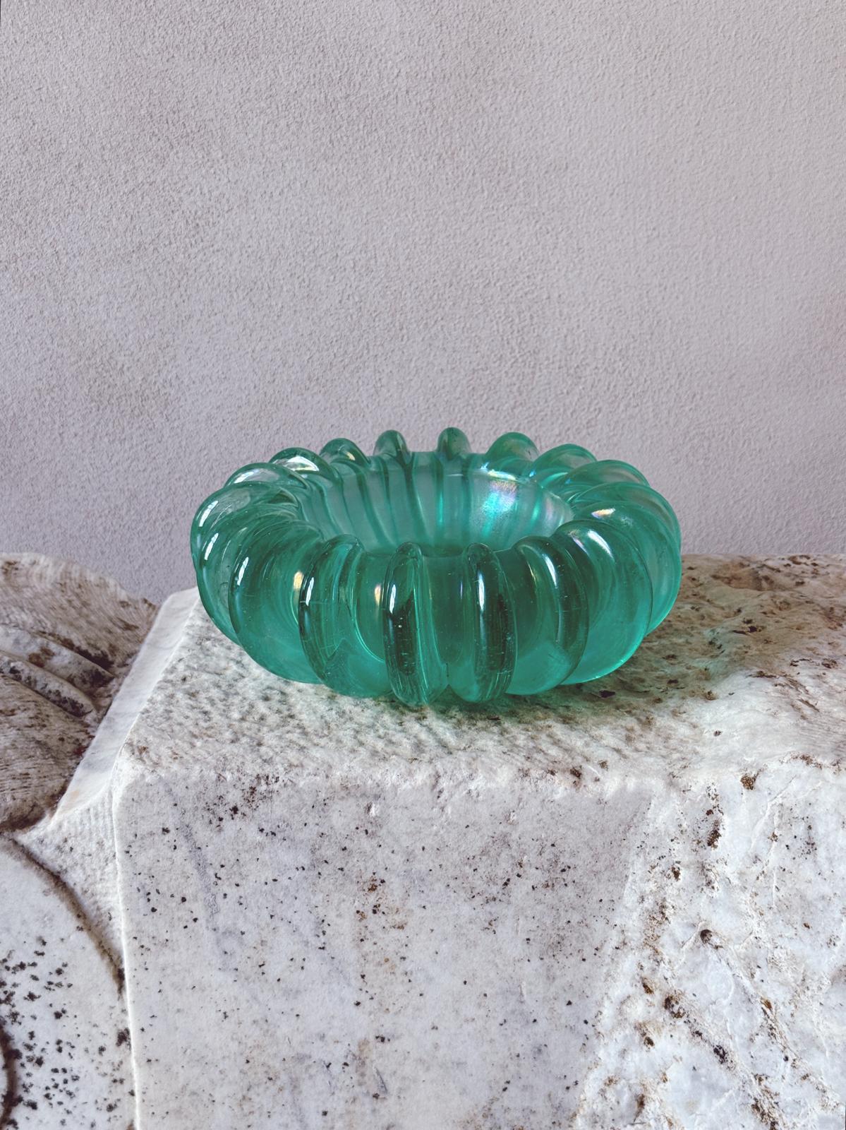 1970s Hand-blown Murano Glass Turquoise ridged bowl