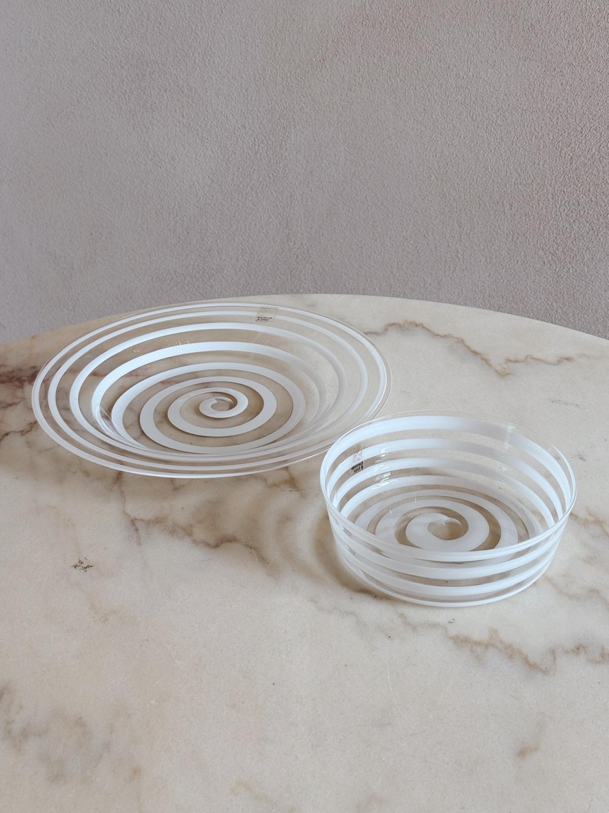 1970s Barovier & Toso Hand-blown White Swirl Plate & Bowl Set