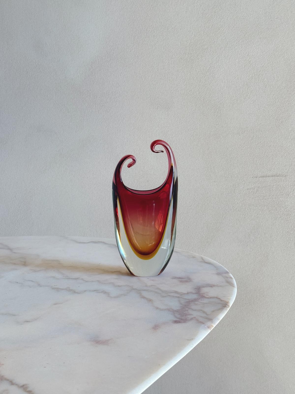 1970s Orange and Pink Triple Sommerso Murano Glass Curled Vase