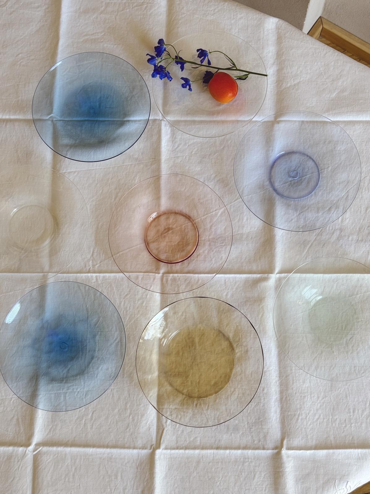 Perfectly Unmatching: Set of 8 1950s Multicolour Hand-blown Murano Glass Fruit Plates, Signed Seguso