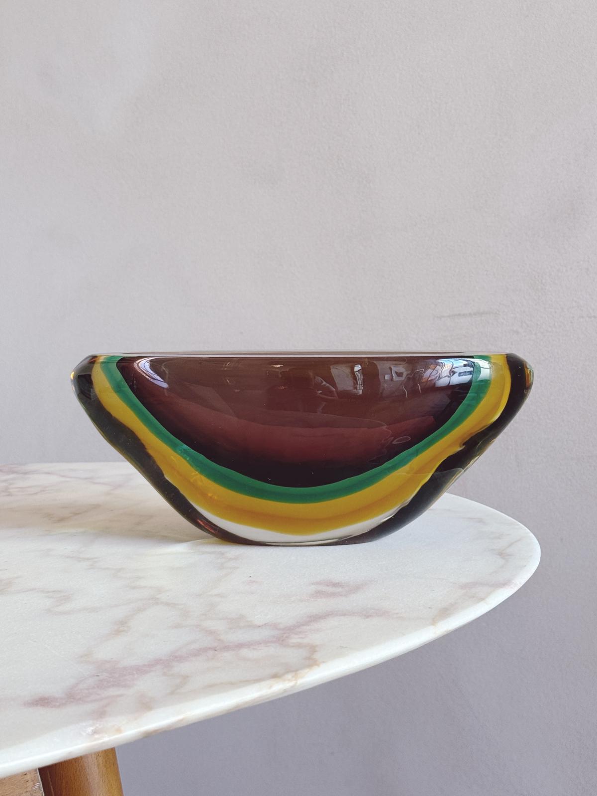 1960s Large Flavio Poli Triple Sommerso Bowl in Brown, Green & Yellow