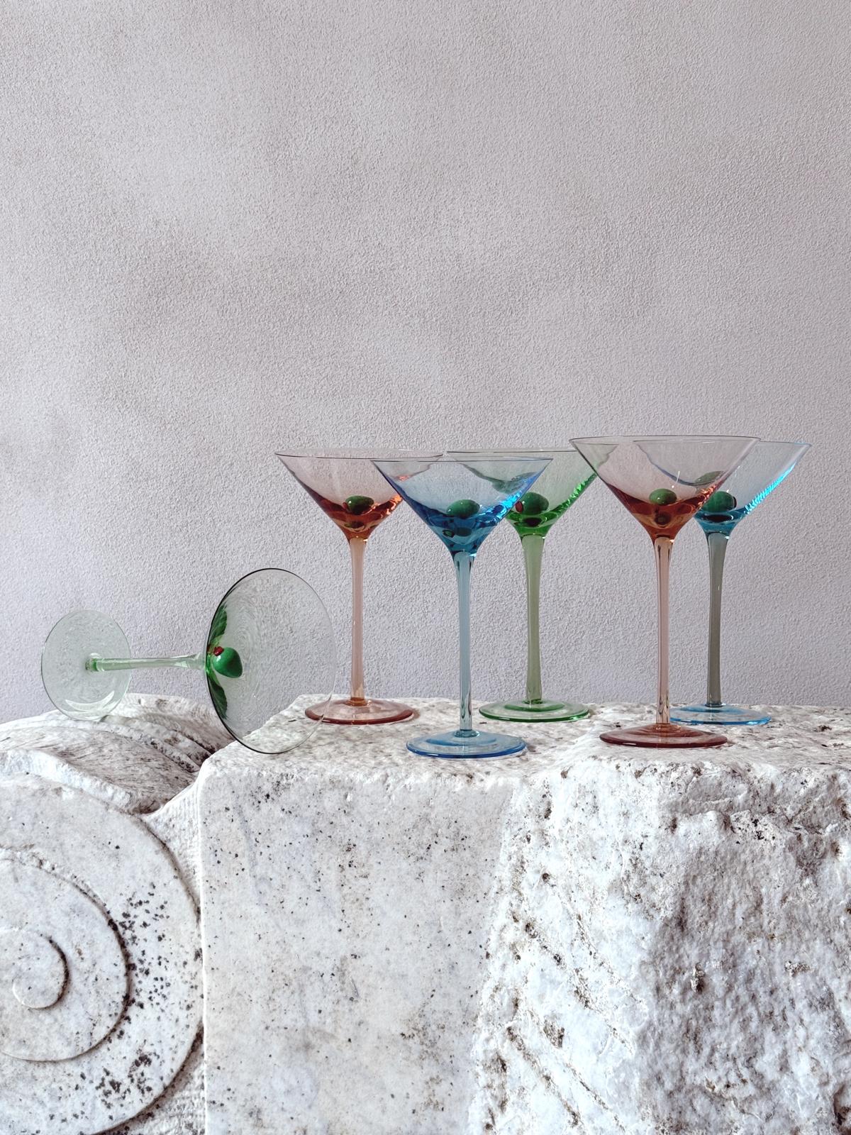 Set of Six 1980s Multi-colour Hand-Blown Cocktail Glasses with Murano Glass Olive