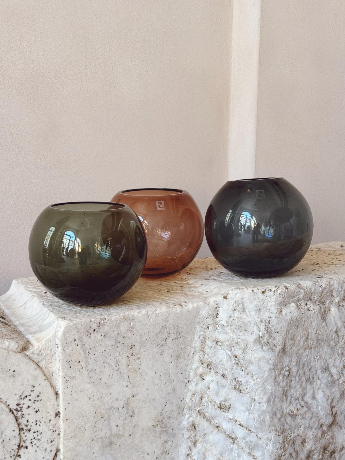 Trio of Blue & Green & Rose Murano Glass Spherical Bowls for fendi Casa