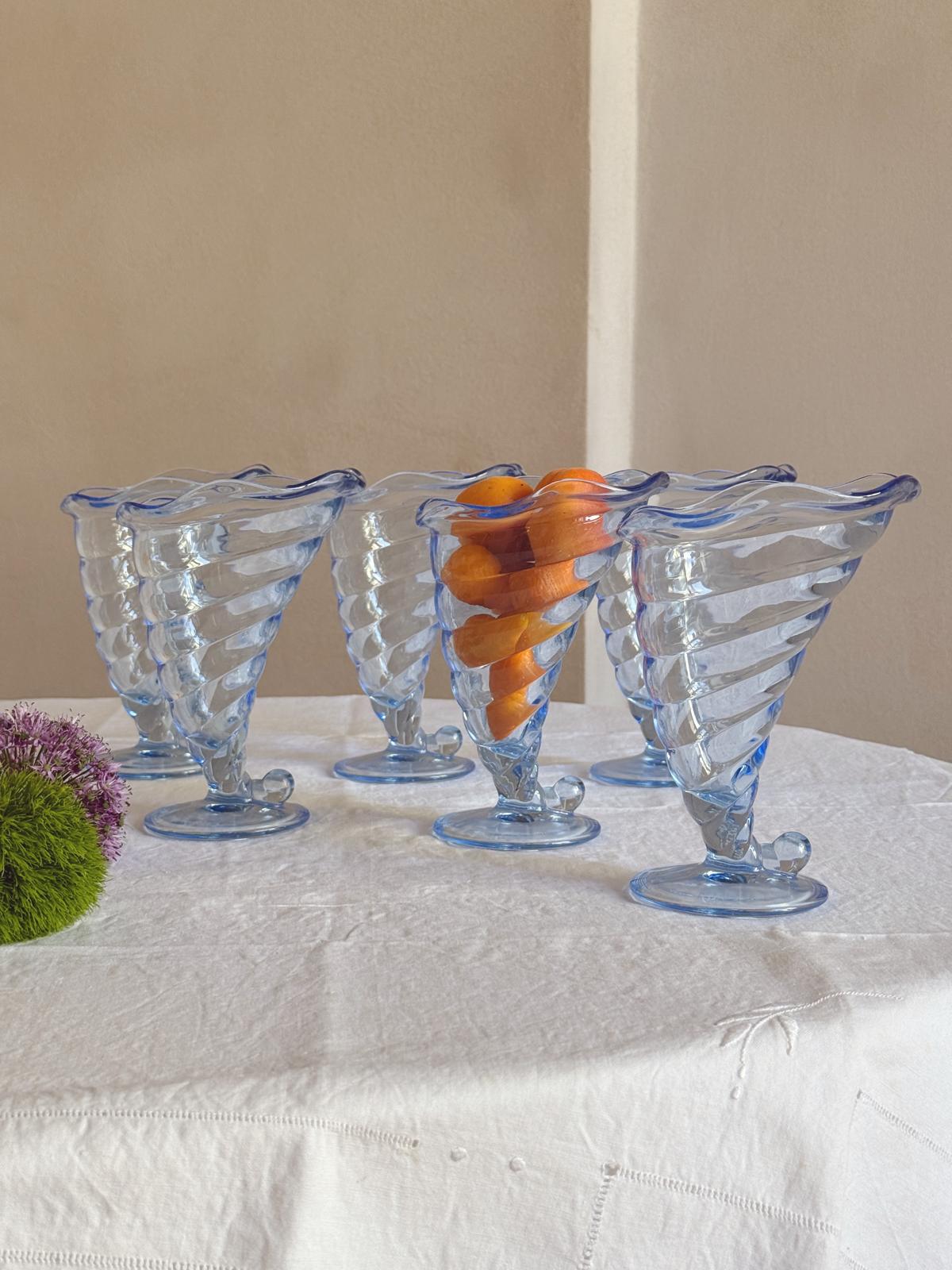 Set of Six Blue Shell-shaped Italian glass Gelato bowls