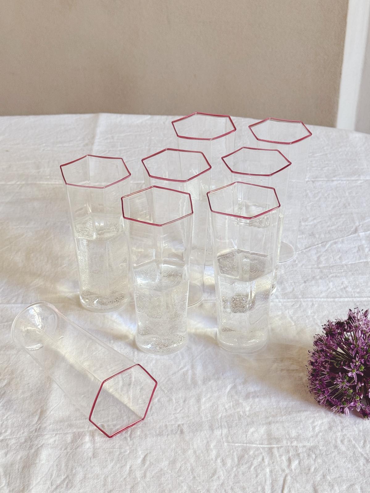 1940s Ultra-Fine Hexagonal Murano Glasses with pink rim, set of 8