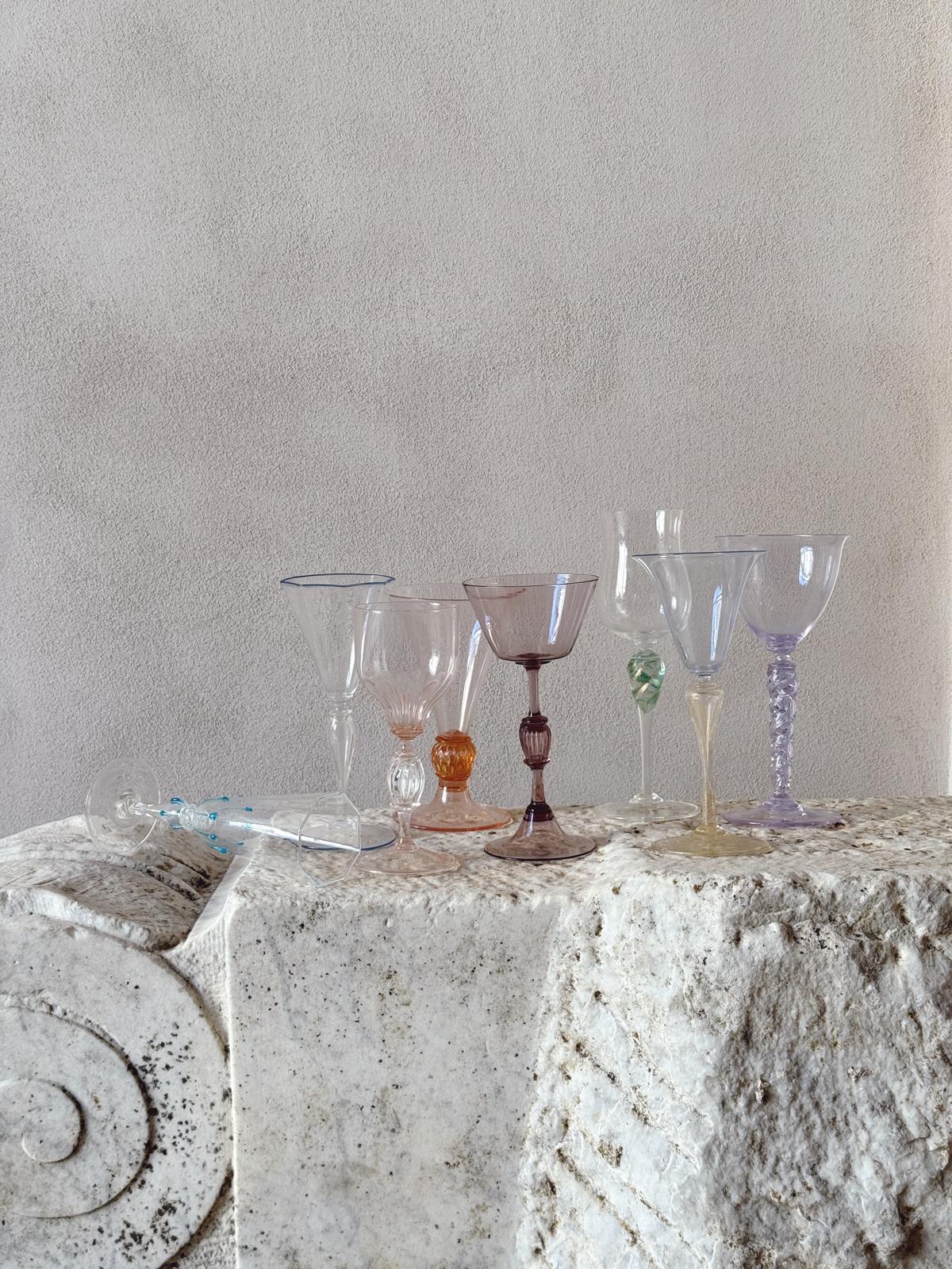 Perfectly Unmatched 1930s Duchessa Murano Wine Glasses (Set of 8)