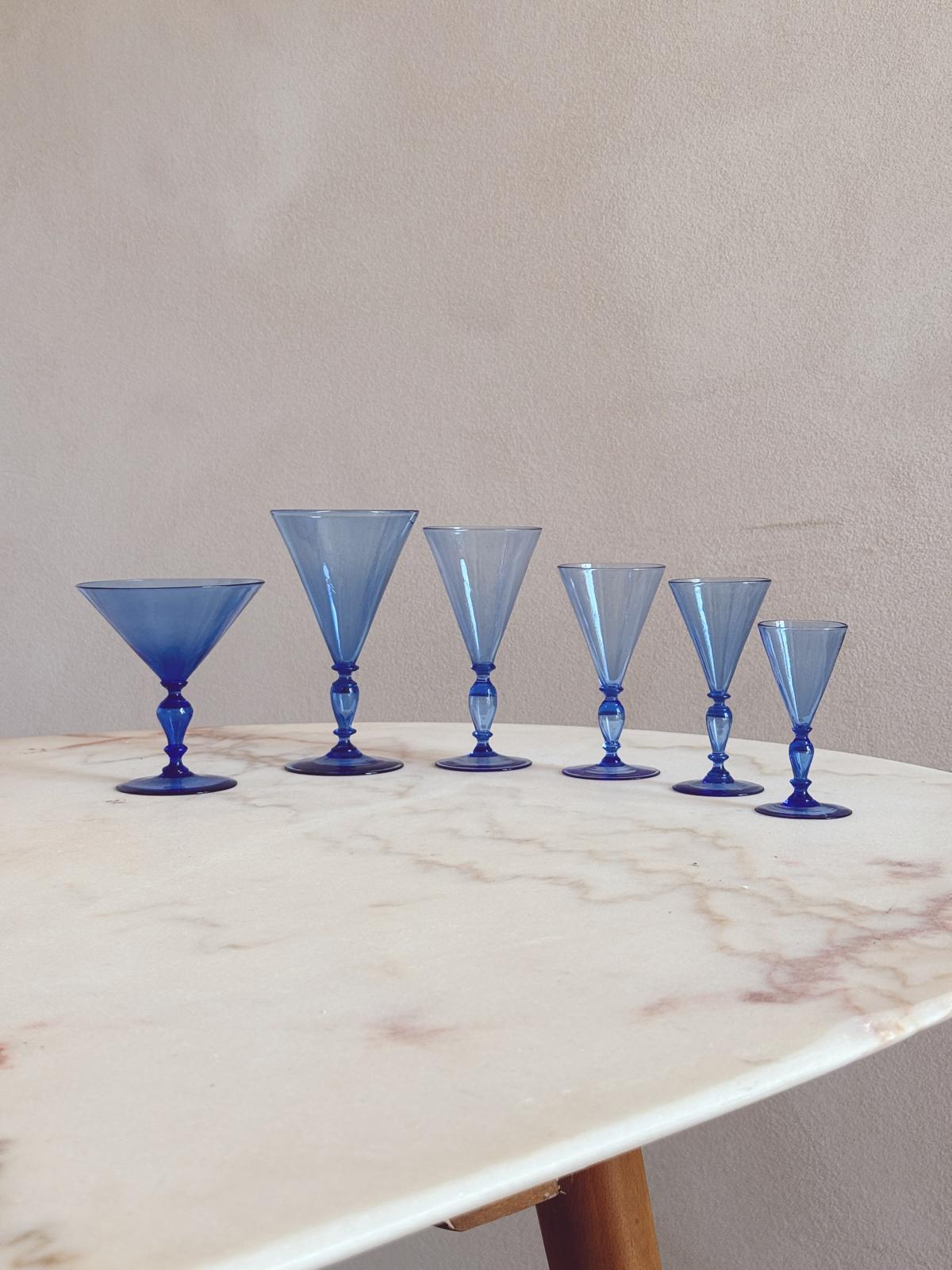 1920s Murano Glass "Blu Doge" 60-Piece Stemware Service, Attributed to Barovier