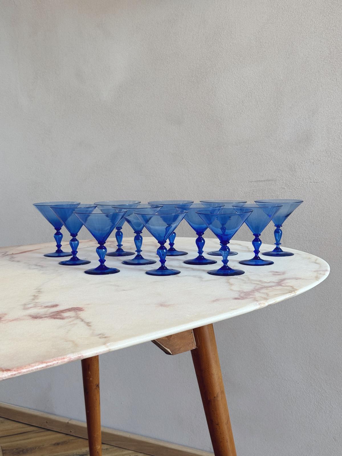 1920s Barovier Blue Hand-blown Murano Cocktail Glasses (Set of 12)