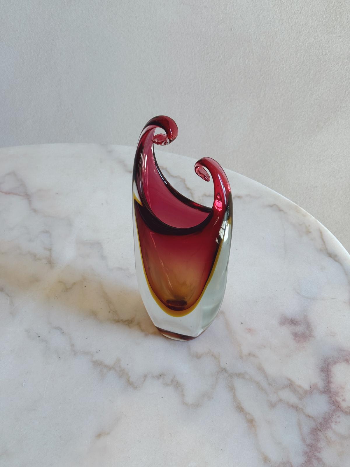 1970s Orange and Pink Triple Sommerso Murano Glass Curled Vase