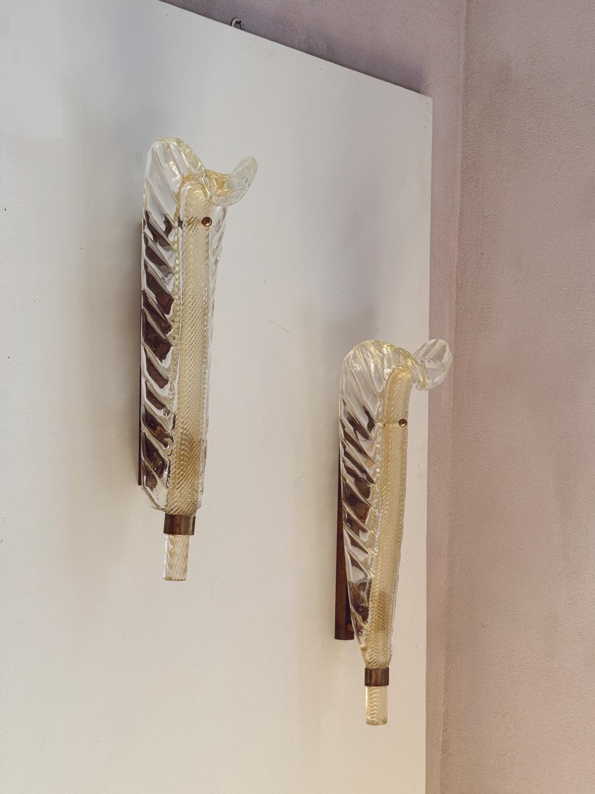 Pair of ex-Bauer Hotel Murano glass Leaf Wall lights, attributed to Seguso Vetri d’Arte, Venice, 1950s
