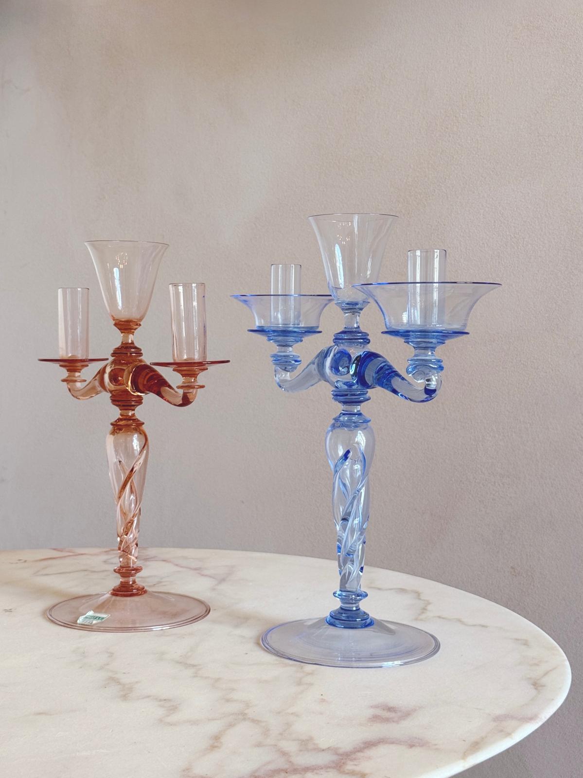 Pair of Hand-Blown Murano Glass Blue and Pink Candelabra by Pauly & Co, 1940s