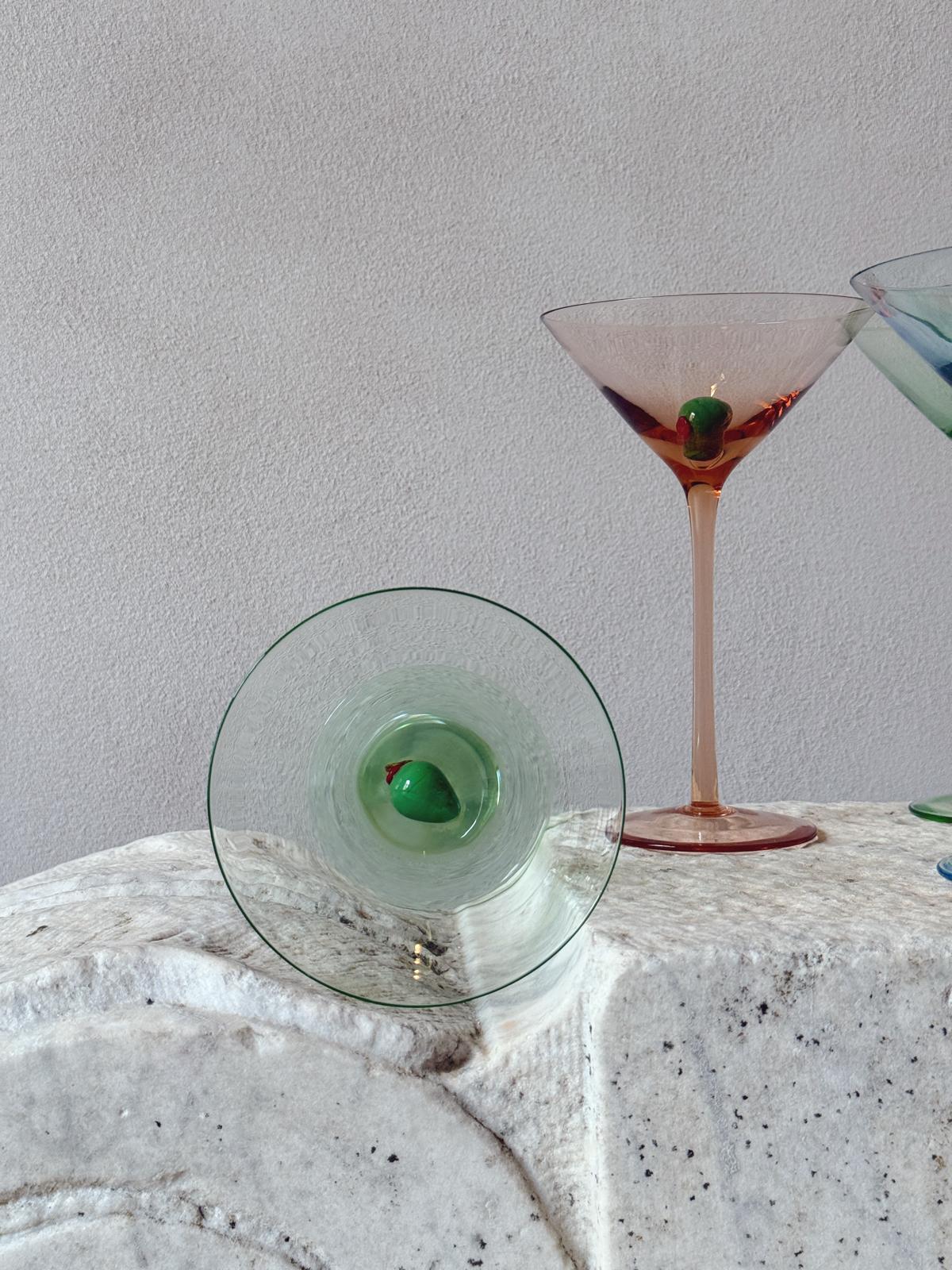 Set of Six 1980s Multi-colour Hand-Blown Cocktail Glasses with Murano Glass Olive