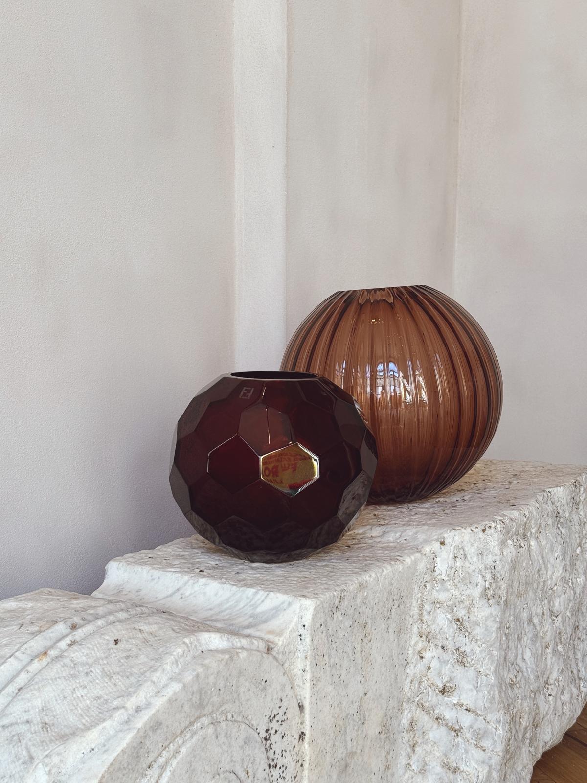 Hand-blown Murano Glass Amber Honeycomb Sphere Vase by Fendi Casa (Archive)