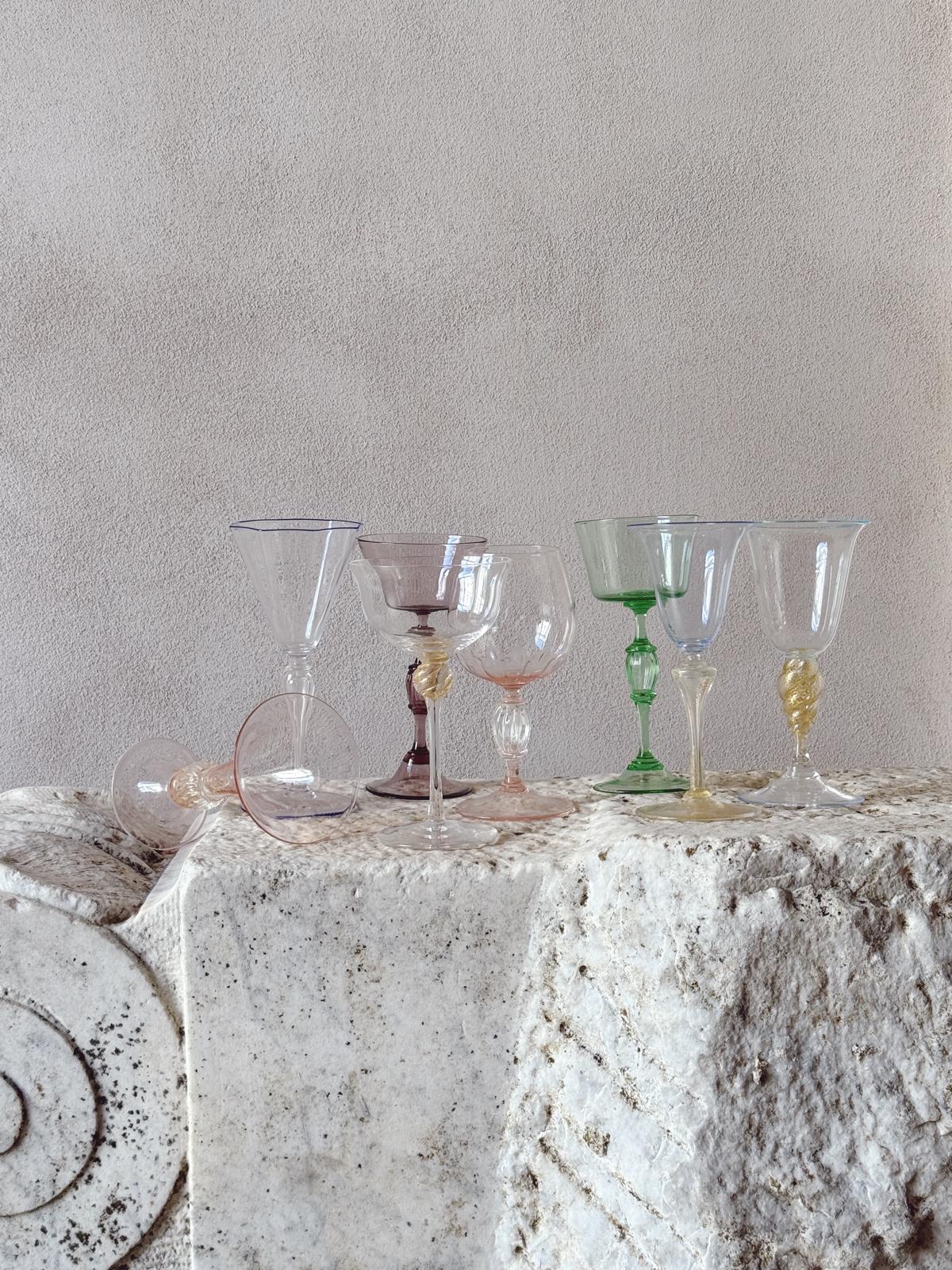 Perfectly Unmatched 1930s Principessa Murano Wine Glasses (Set of 8)