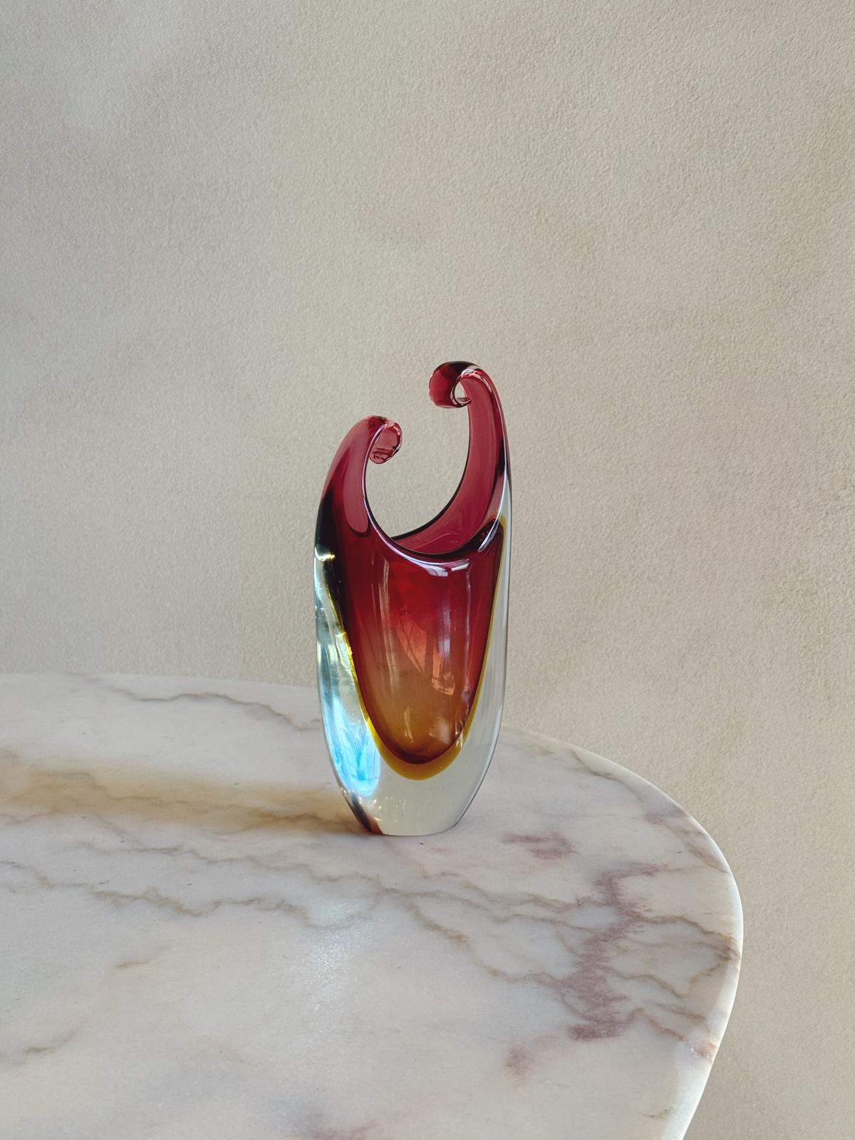 1970s Orange and Pink Triple Sommerso Murano Glass Curled Vase