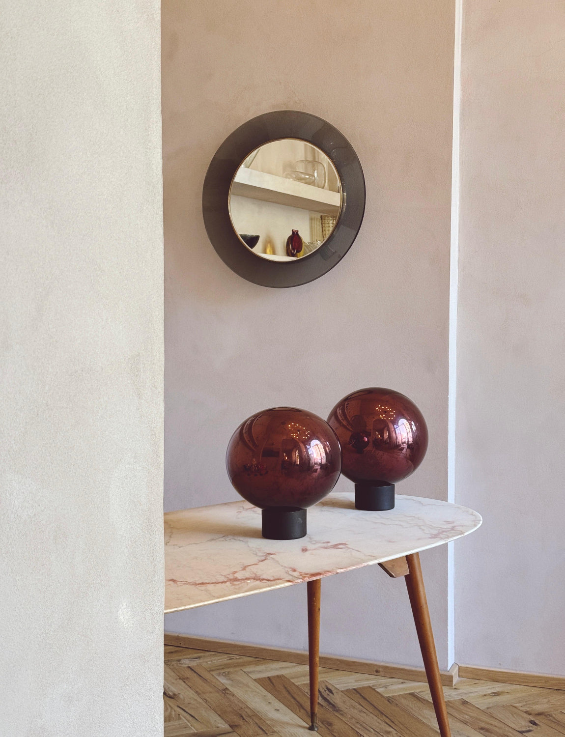 1950s Pair of Giant vintage Burgundy Mirrored Balls