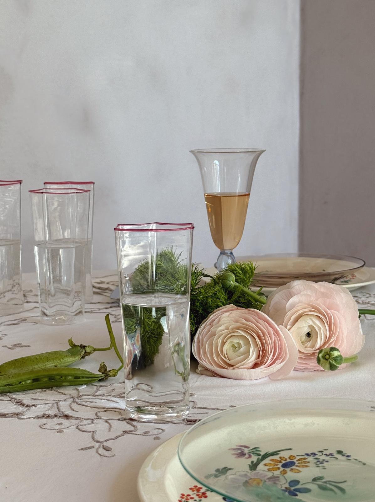 1940s Ultra-Fine Hexagonal Murano Glasses with pink rim, set of 8