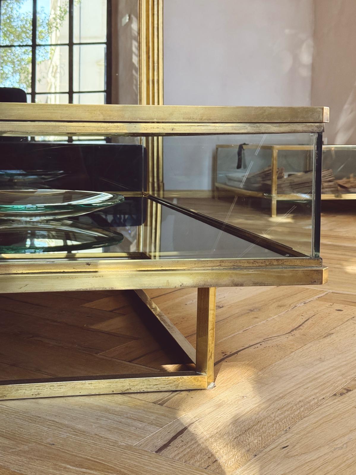1960s Brass and Glass Coffee Table with sliding top