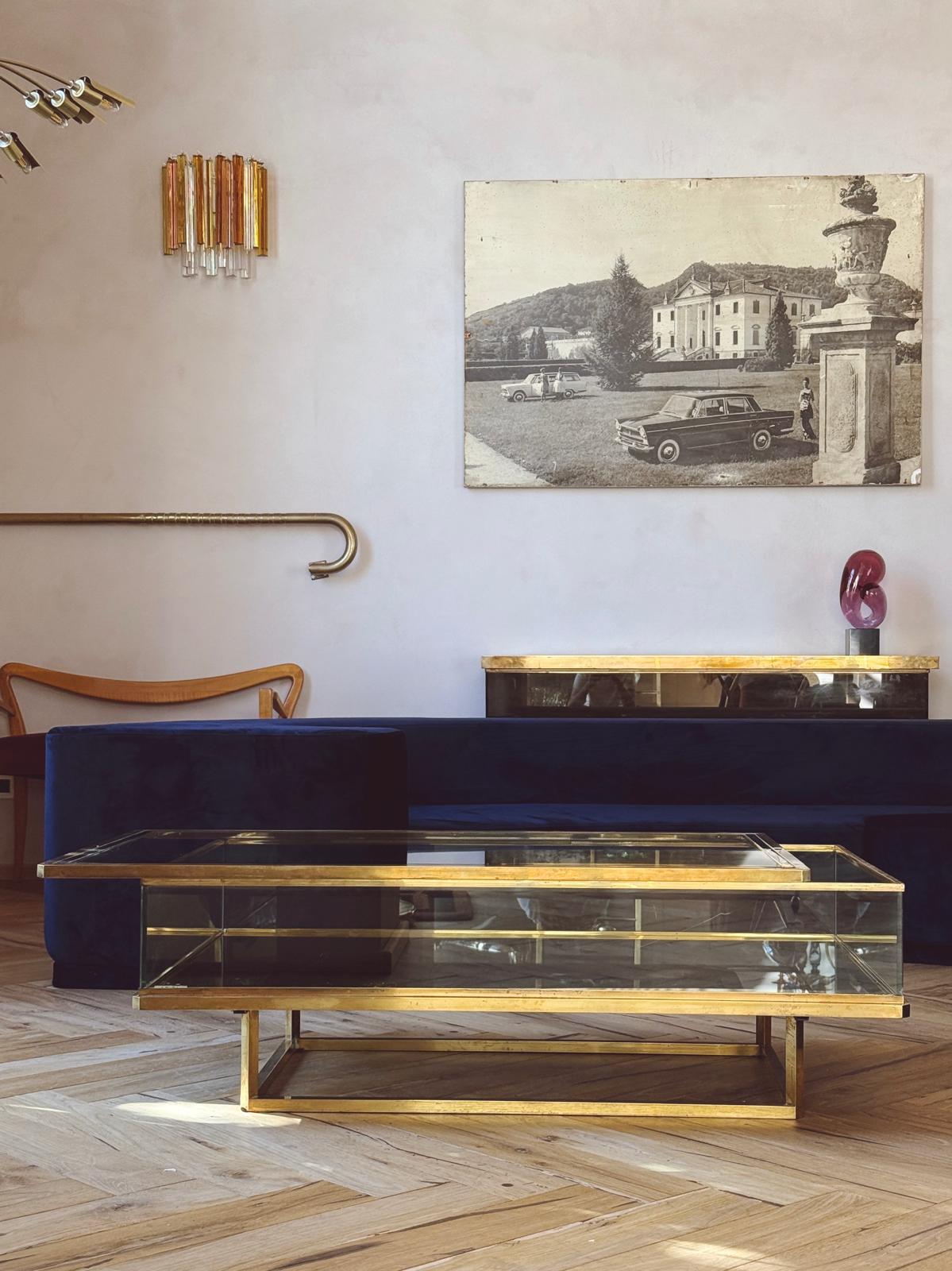 1960s Brass and Glass Coffee Table with sliding top