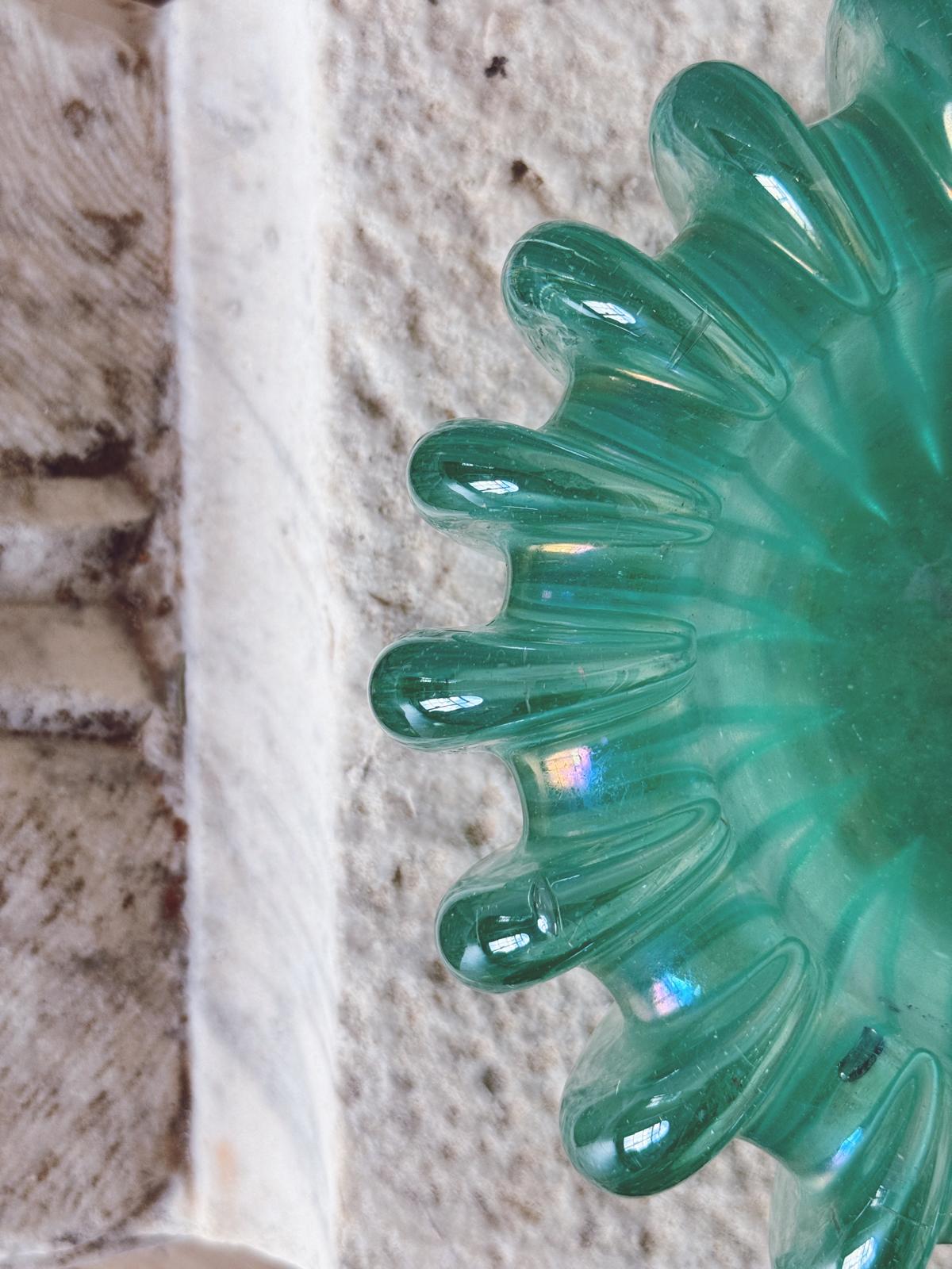 1970s Hand-blown Murano Glass Turquoise ridged bowl