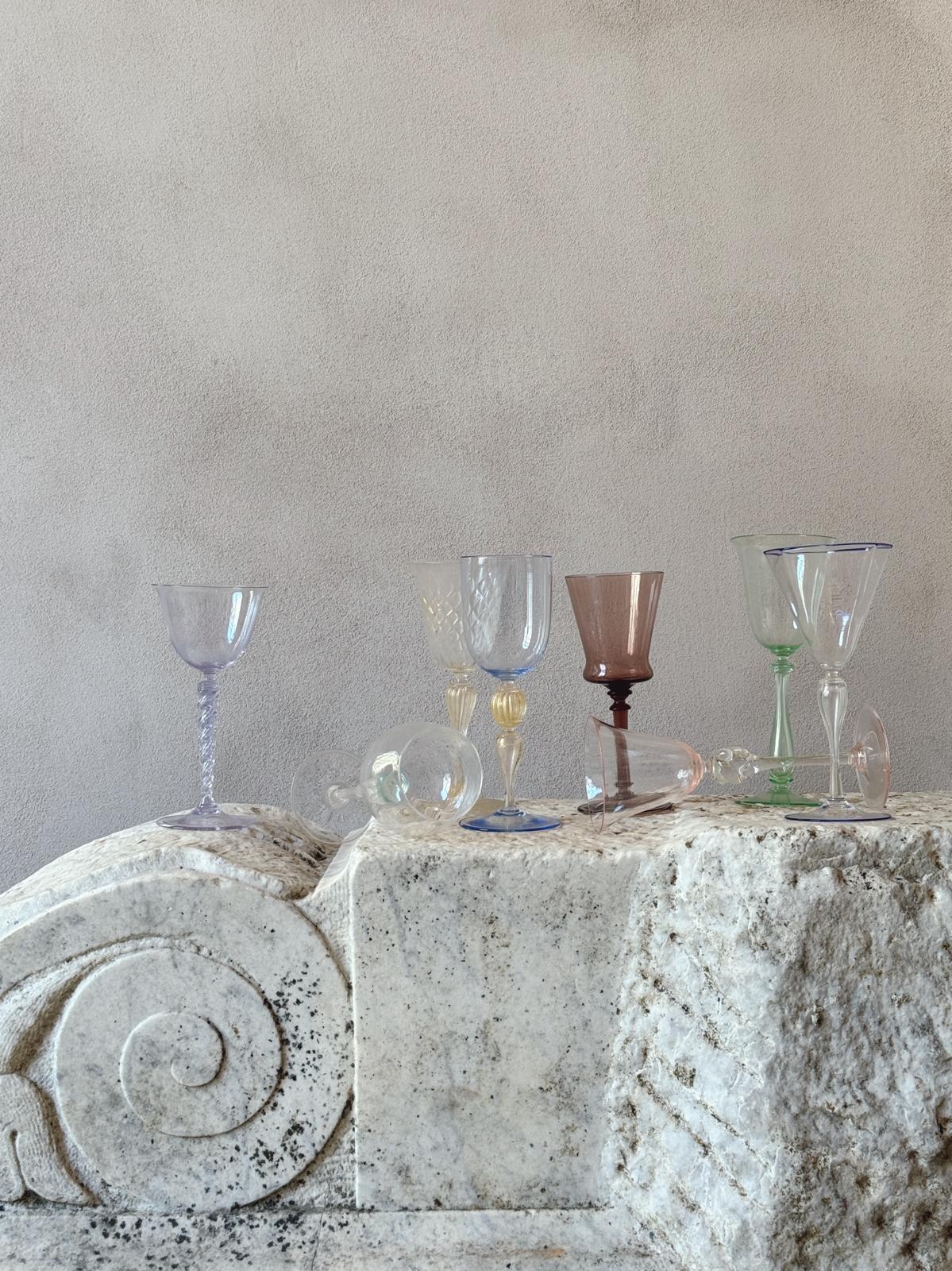 Perfectly Unmatched 1930s Duca Murano Wine Glasses (Set of 8)