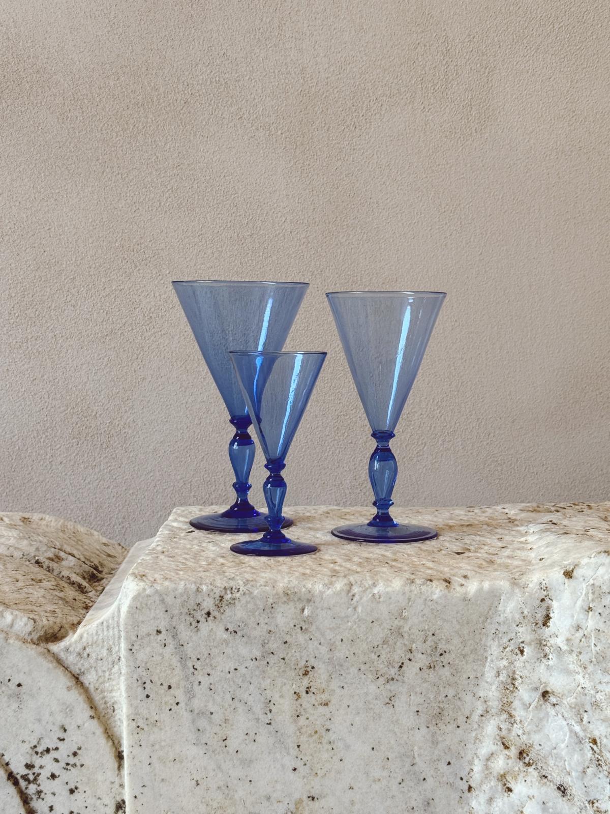 30 Piece, 1920s Barovier Blue Hand-blown Red, White & Dessert Wine Glasses (Set of 10)