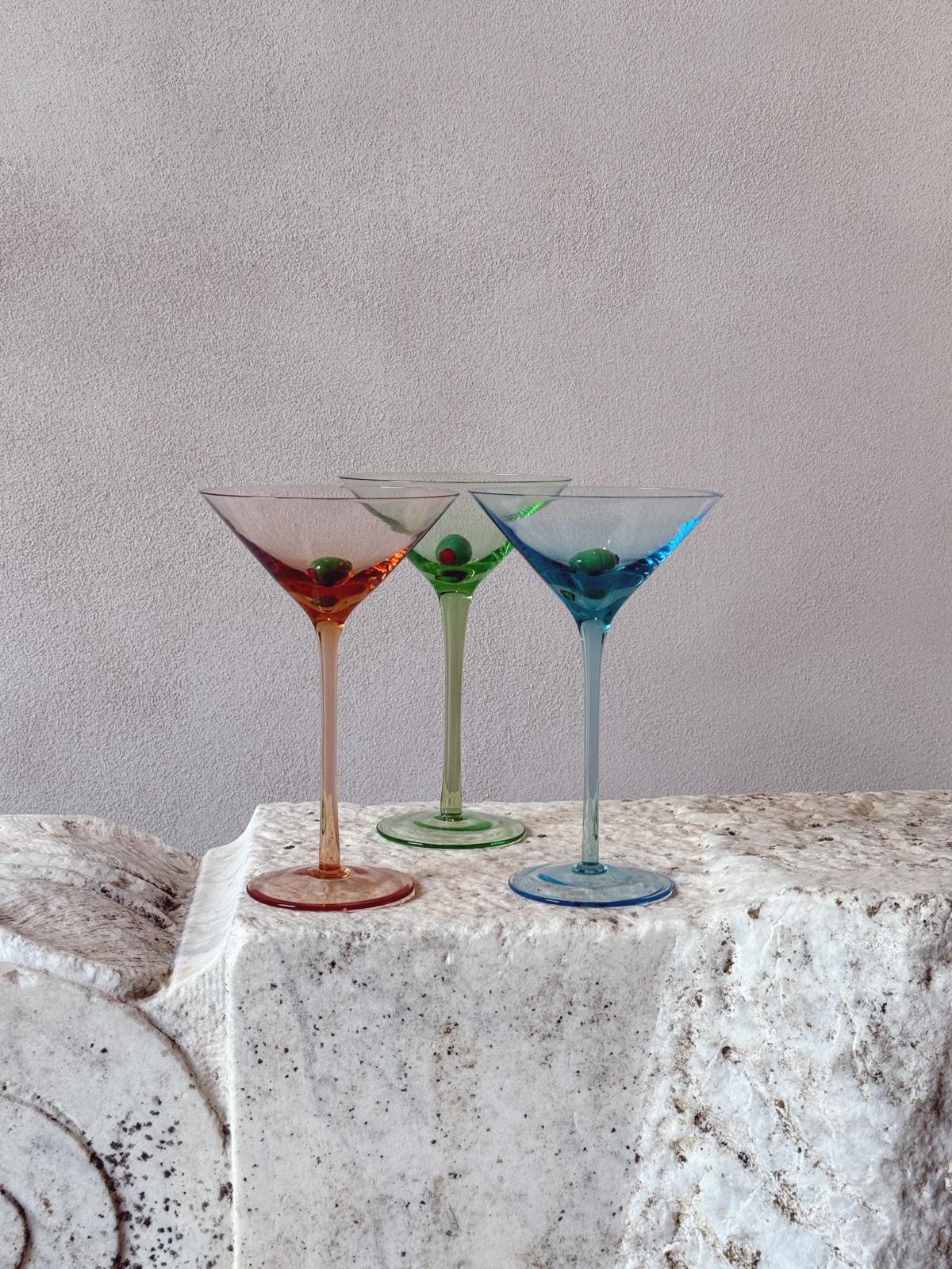 Set of Six 1980s Multi-colour Hand-Blown Cocktail Glasses with Murano Glass Olive