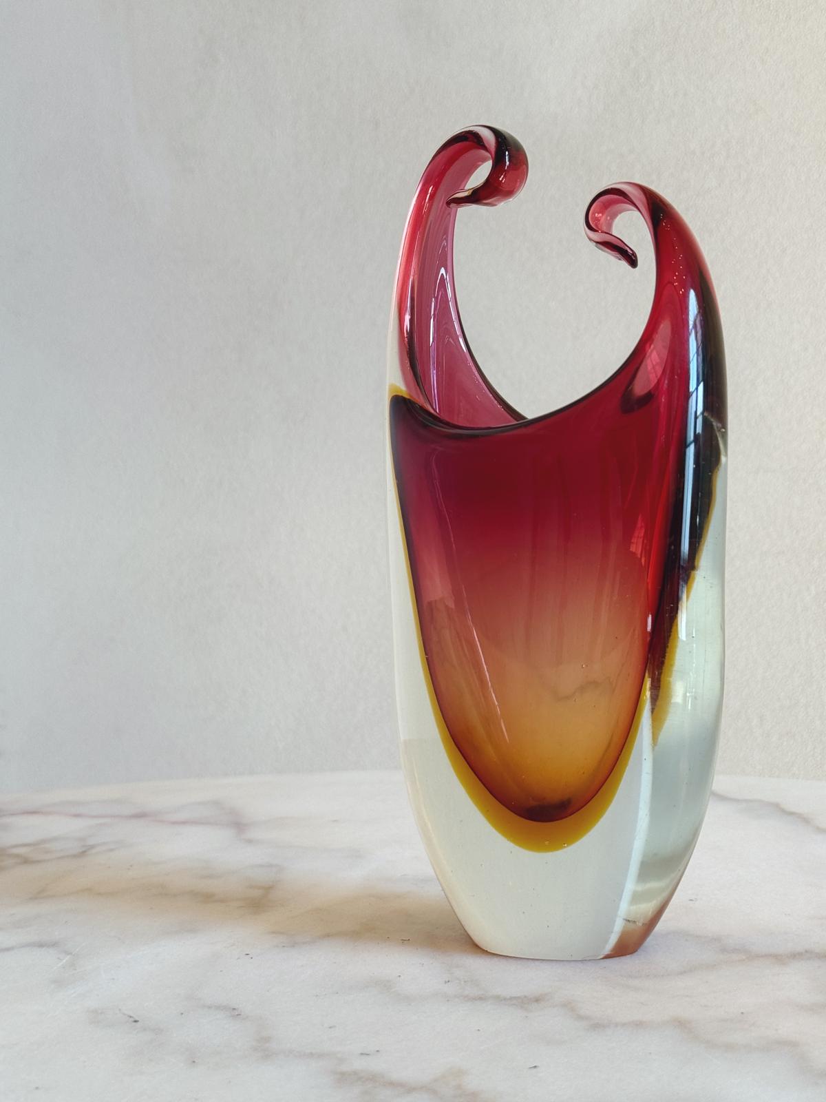 1970s Orange and Pink Triple Sommerso Murano Glass Curled Vase