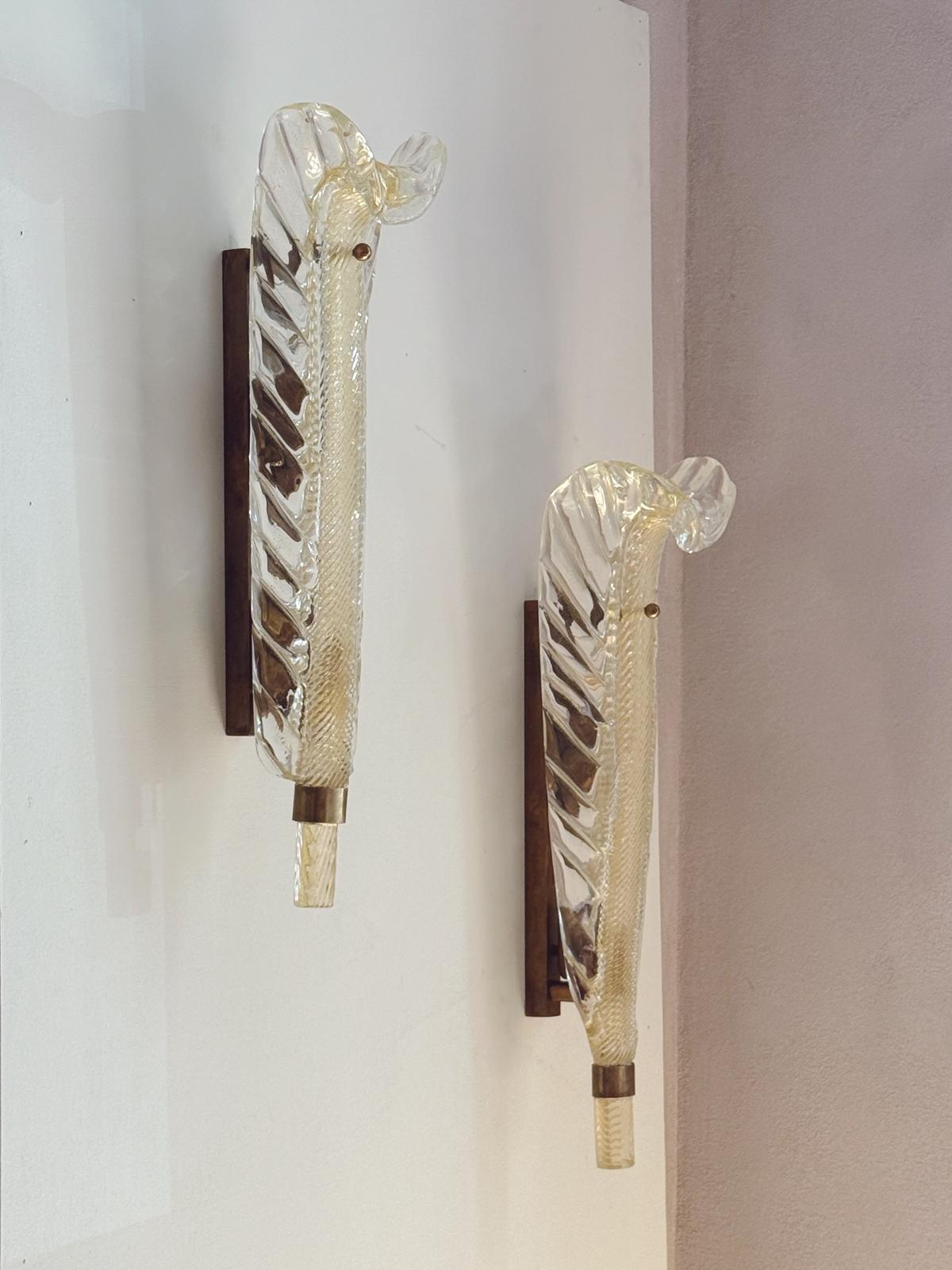 Pair of ex-Bauer Hotel Murano glass Leaf Wall lights, attributed to Seguso Vetri d’Arte, Venice, 1950s
