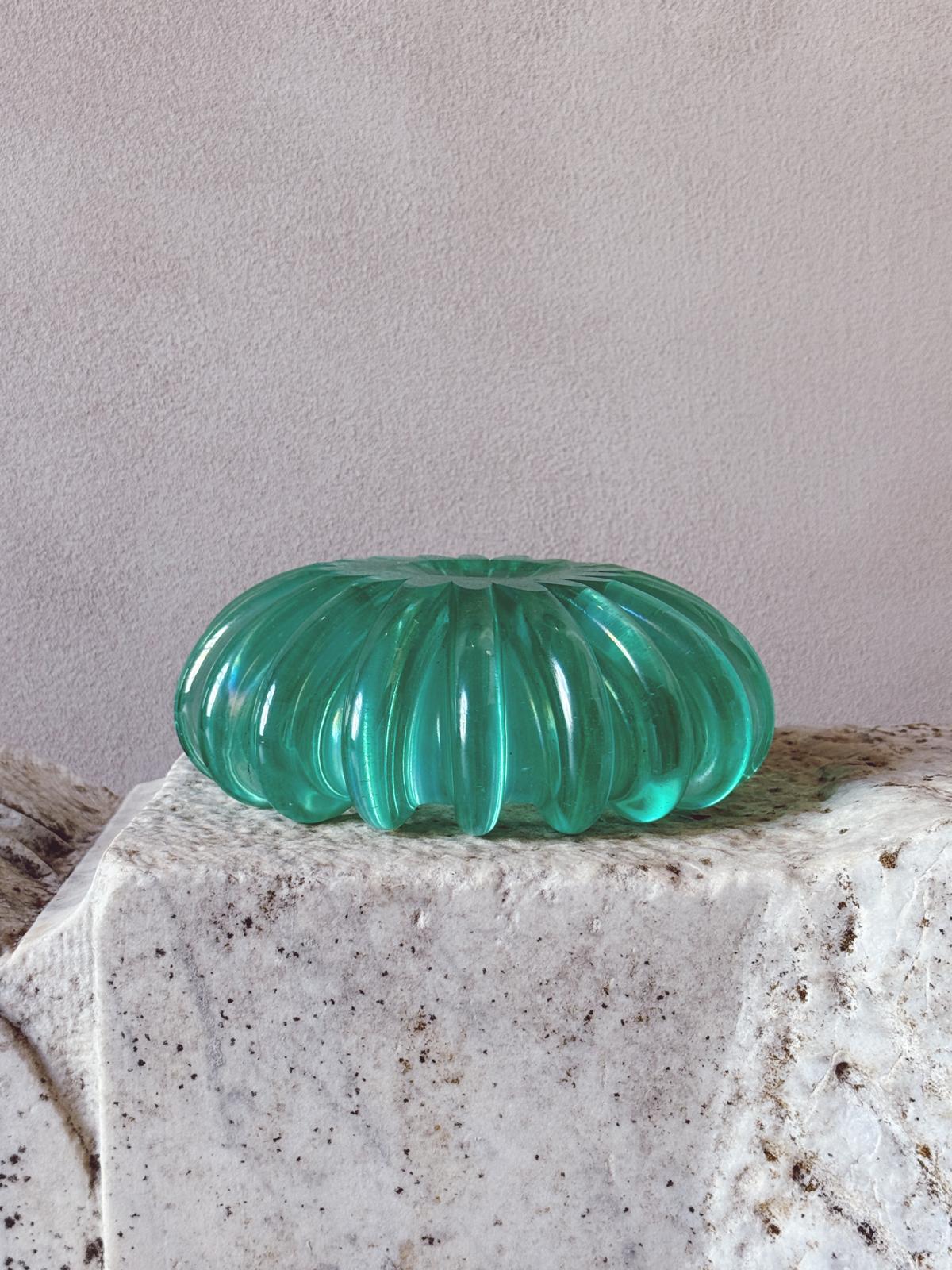 1970s Hand-blown Murano Glass Turquoise ridged bowl