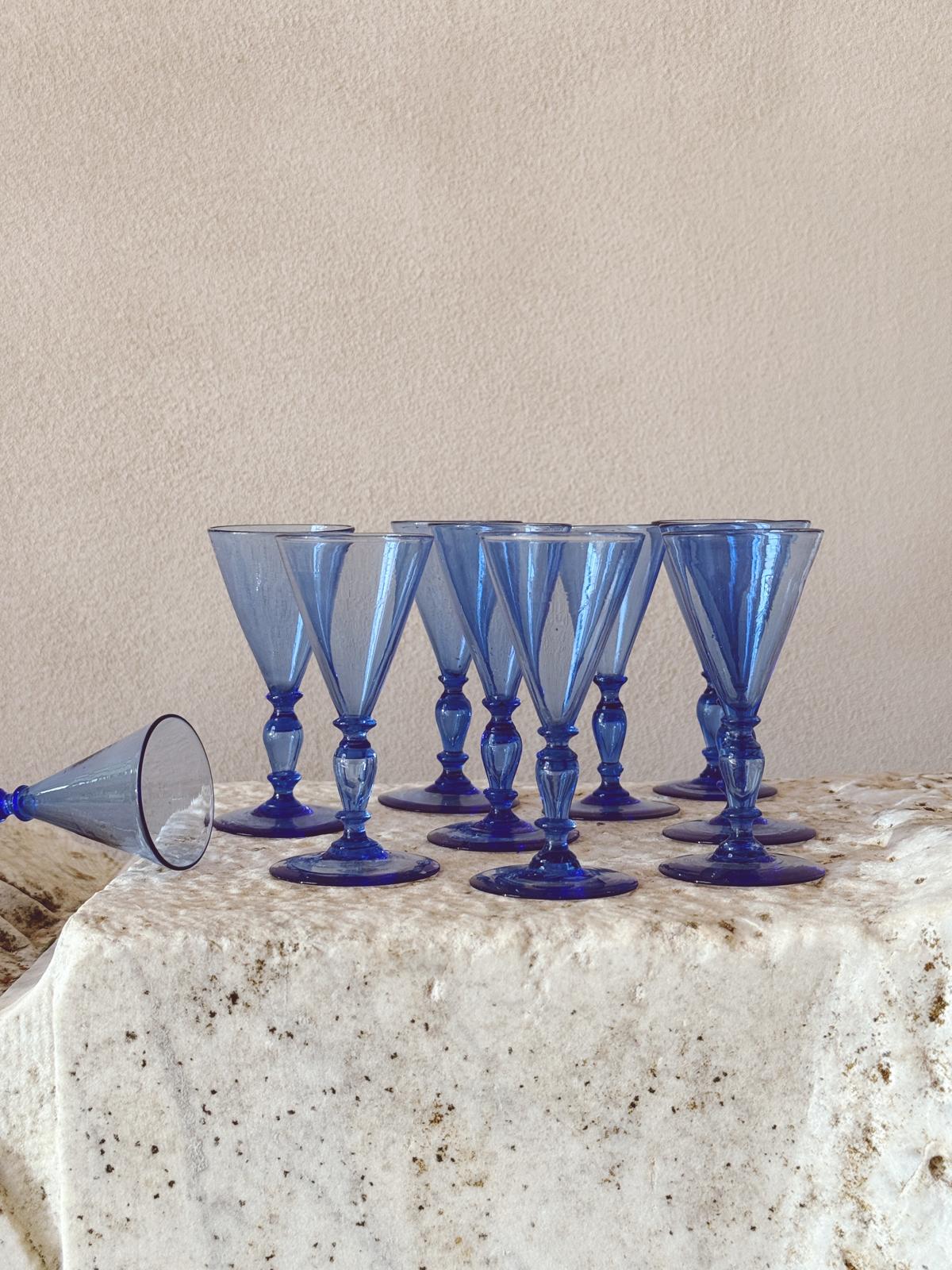 1920s Barovier Blue Hand-blown Murano Dessert Wine Glasses (Set of 10)