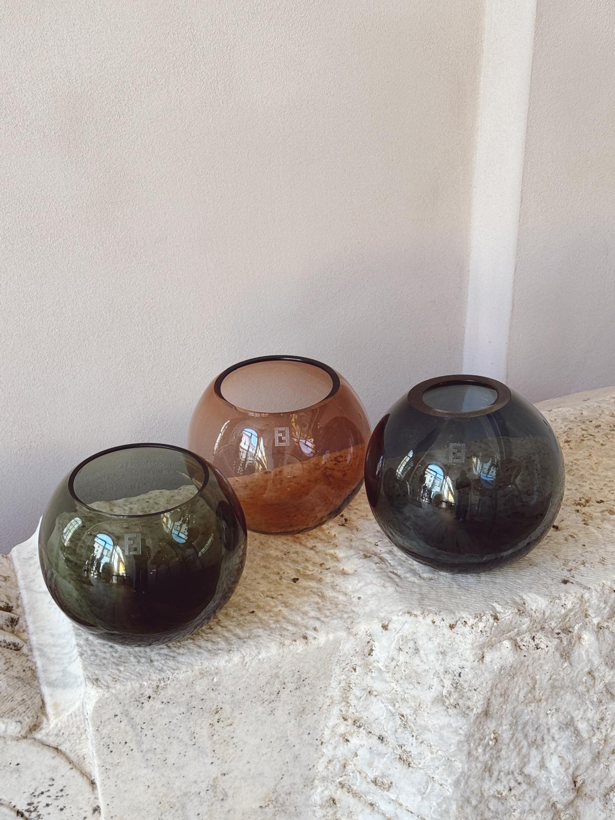 Trio of Blue & Green & Rose Murano Glass Spherical Bowls for fendi Casa