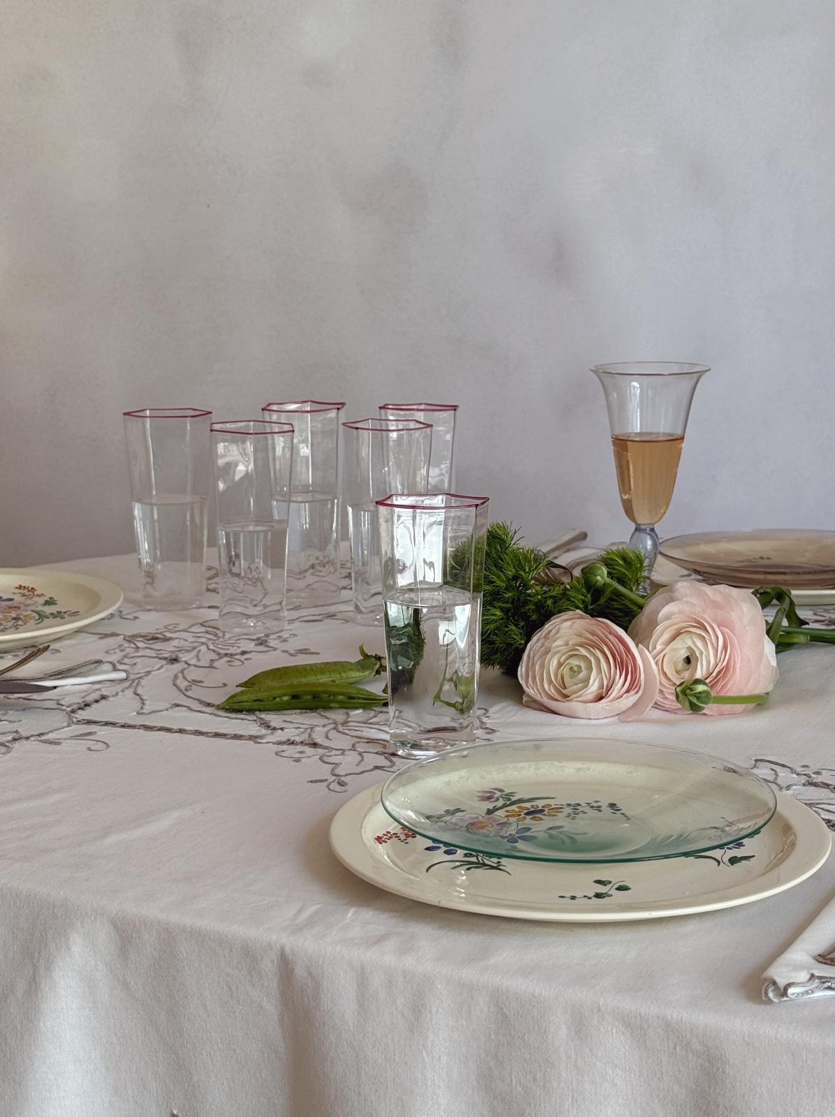 1940s Ultra-Fine Hexagonal Murano Glasses with pink rim, set of 8
