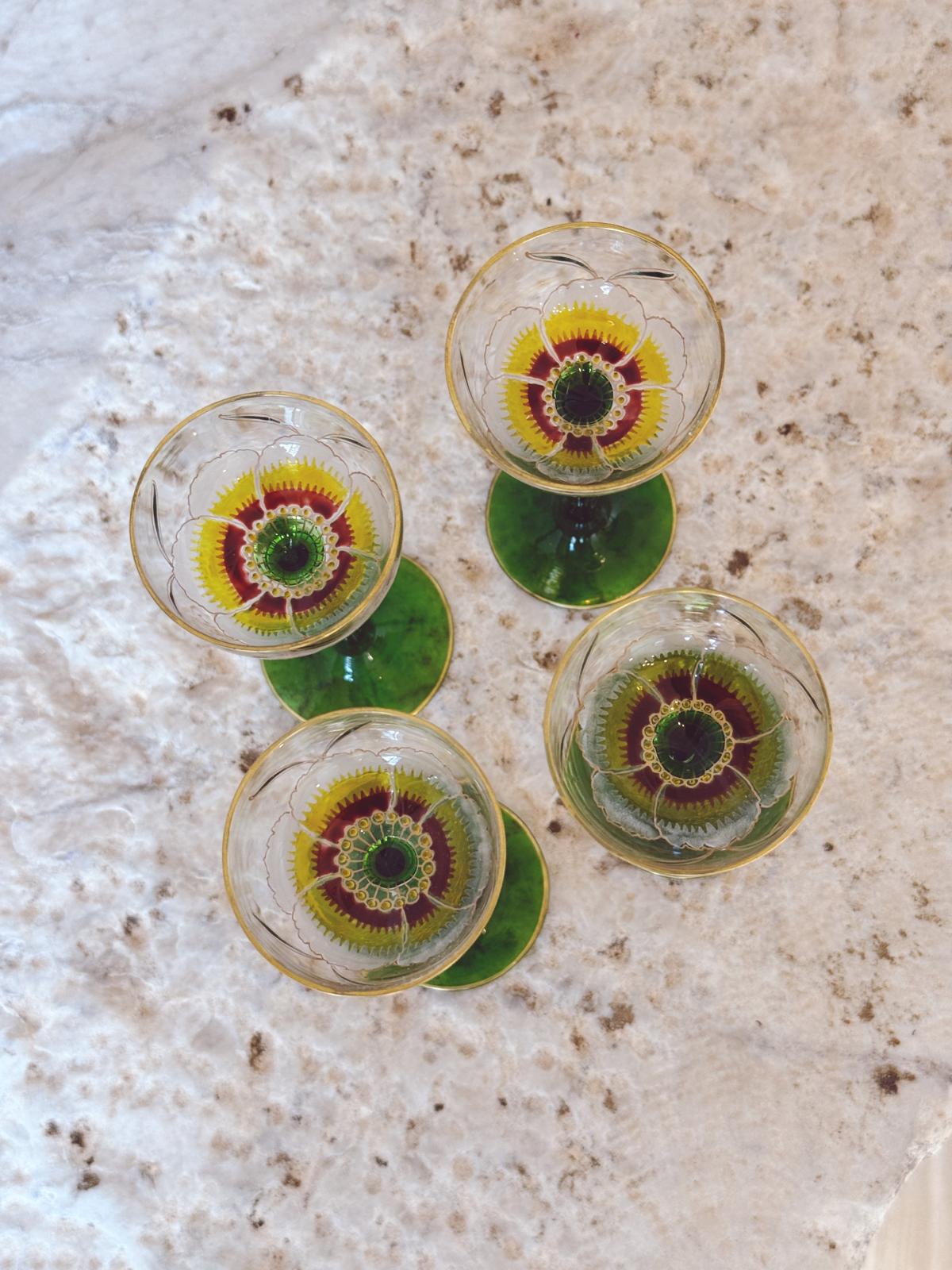 Set of Four Hand-painted 1940s Small Venetian Aperitivo Glasses