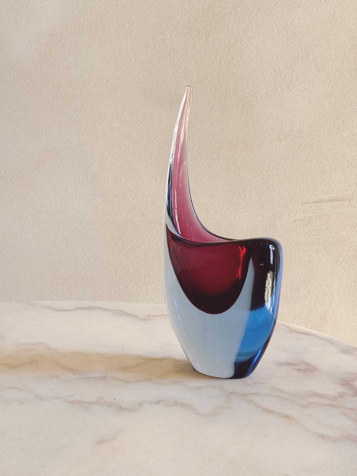 1970s Blue and Purple Sommerso Murano Glass Curled Vase
