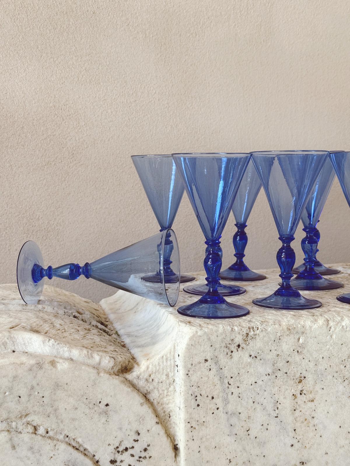 1920s Barovier Blue Hand-blown Murano Prosecco Glasses (Set of 10)