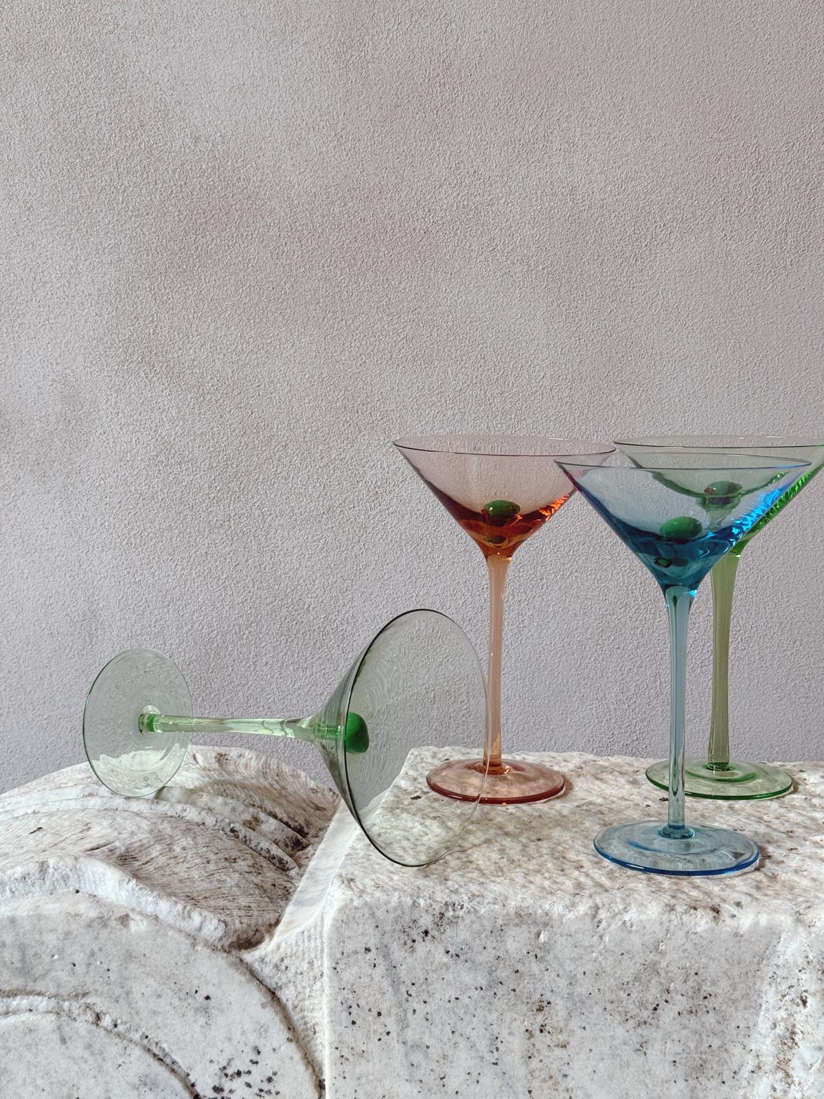Set of Six 1980s Multi-colour Hand-Blown Cocktail Glasses with Murano Glass Olive