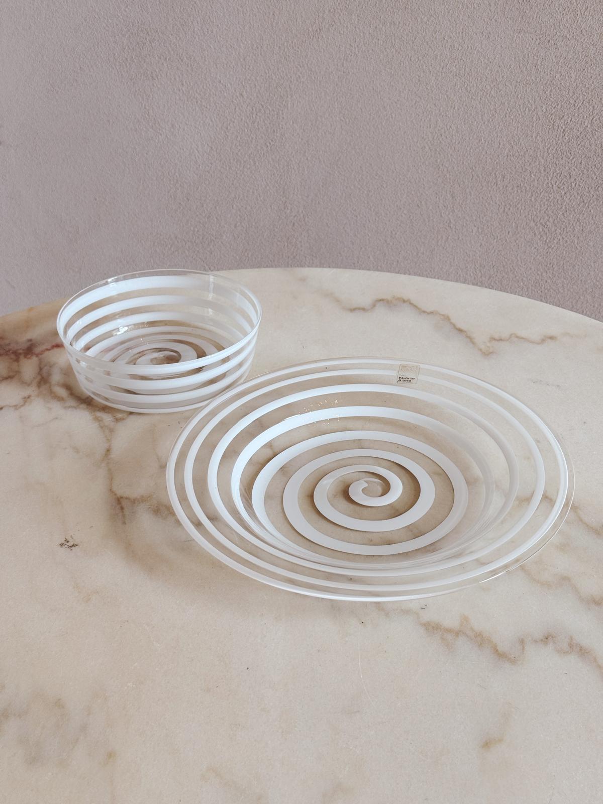 1970s Barovier & Toso Hand-blown White Swirl Plate & Bowl Set