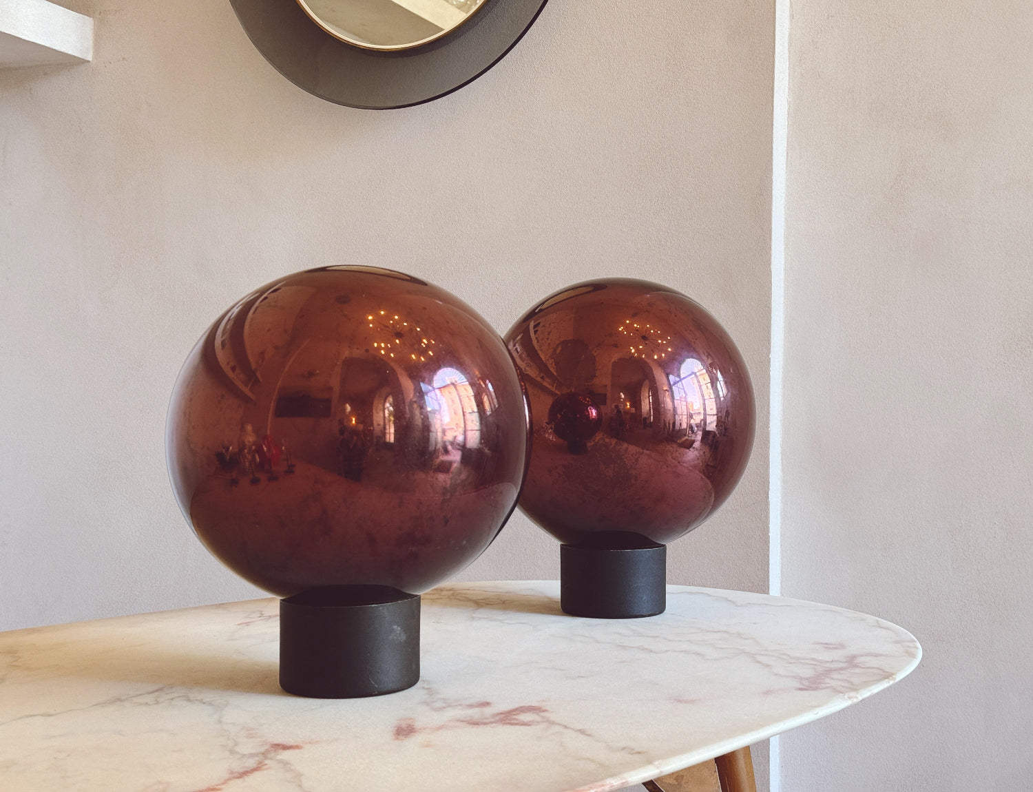1950s Pair of Giant vintage Burgundy Mirrored Balls