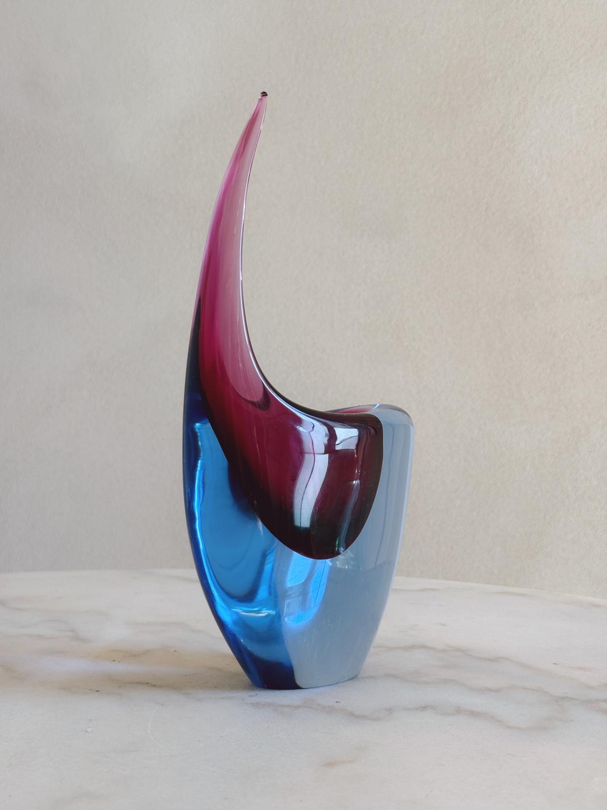 1970s Blue and Purple Sommerso Murano Glass Curled Vase