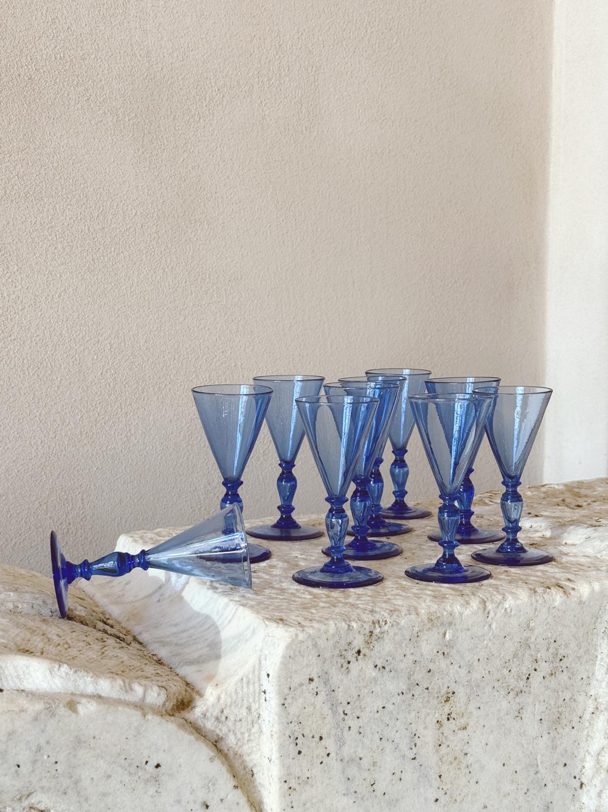 1920s Barovier Blue Hand-blown Murano Dessert Wine Glasses (Set of 10)
