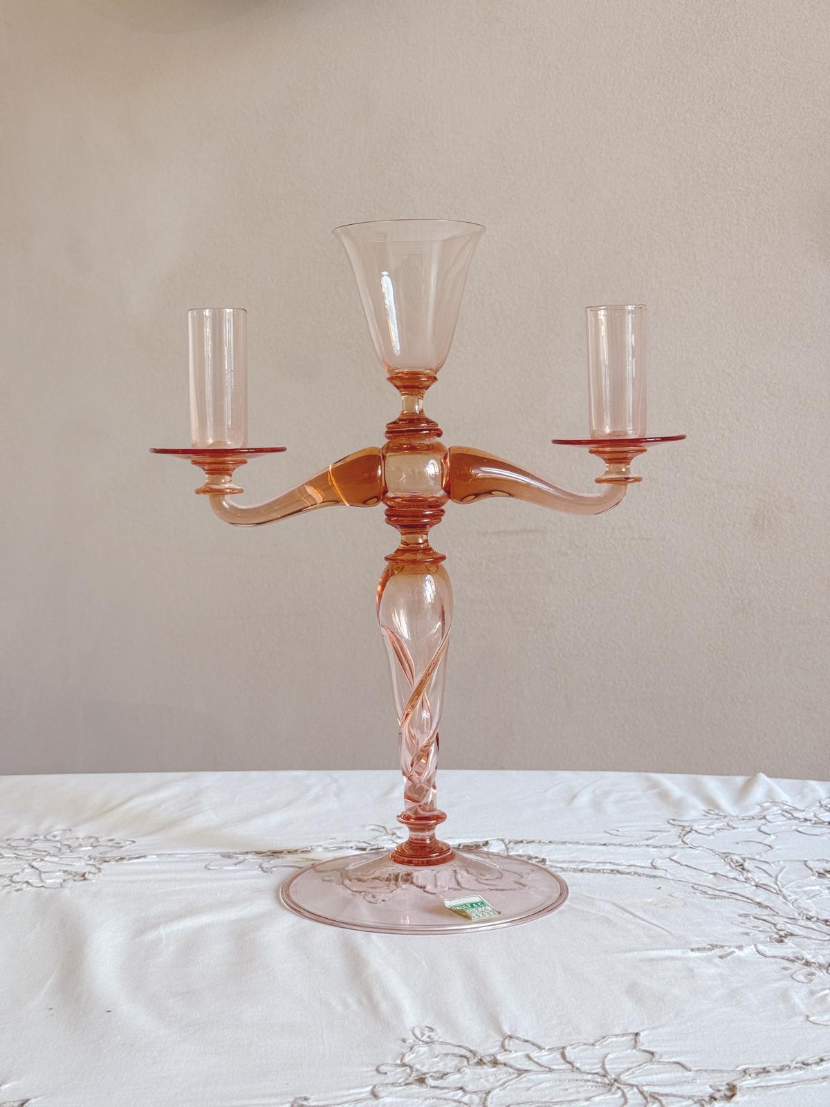 Hand-Blown Murano Glass Pink Candelabra by Pauly & Co, 1940s