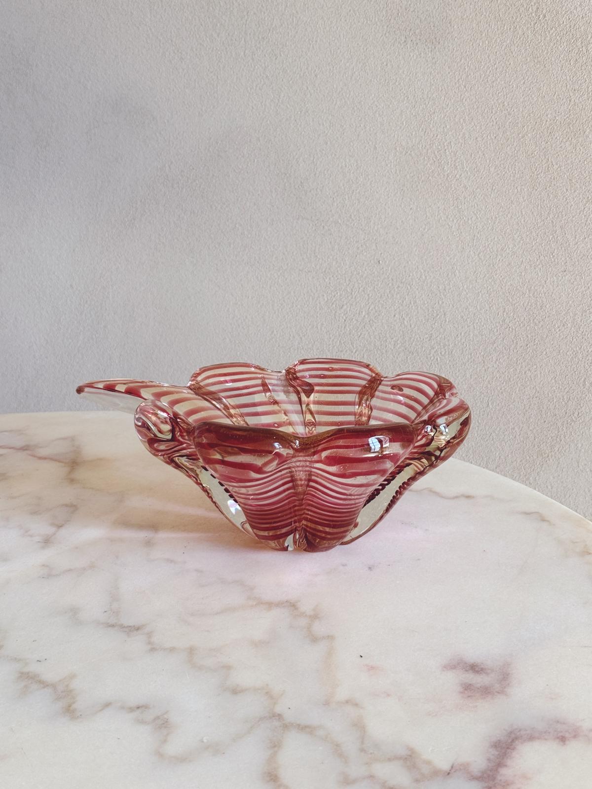 1950s Barovier Ogange Striped Murano Glass Flower Shaped Bowl