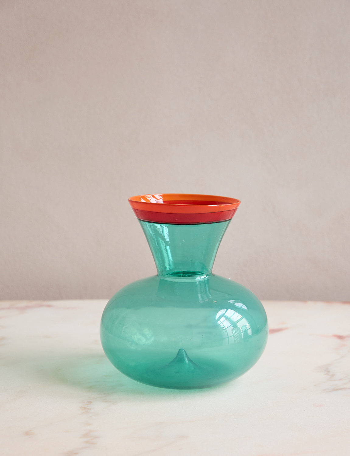Hand-blown Turquoise Vase with Red and Orange Collar, Flavio Poli, 1955