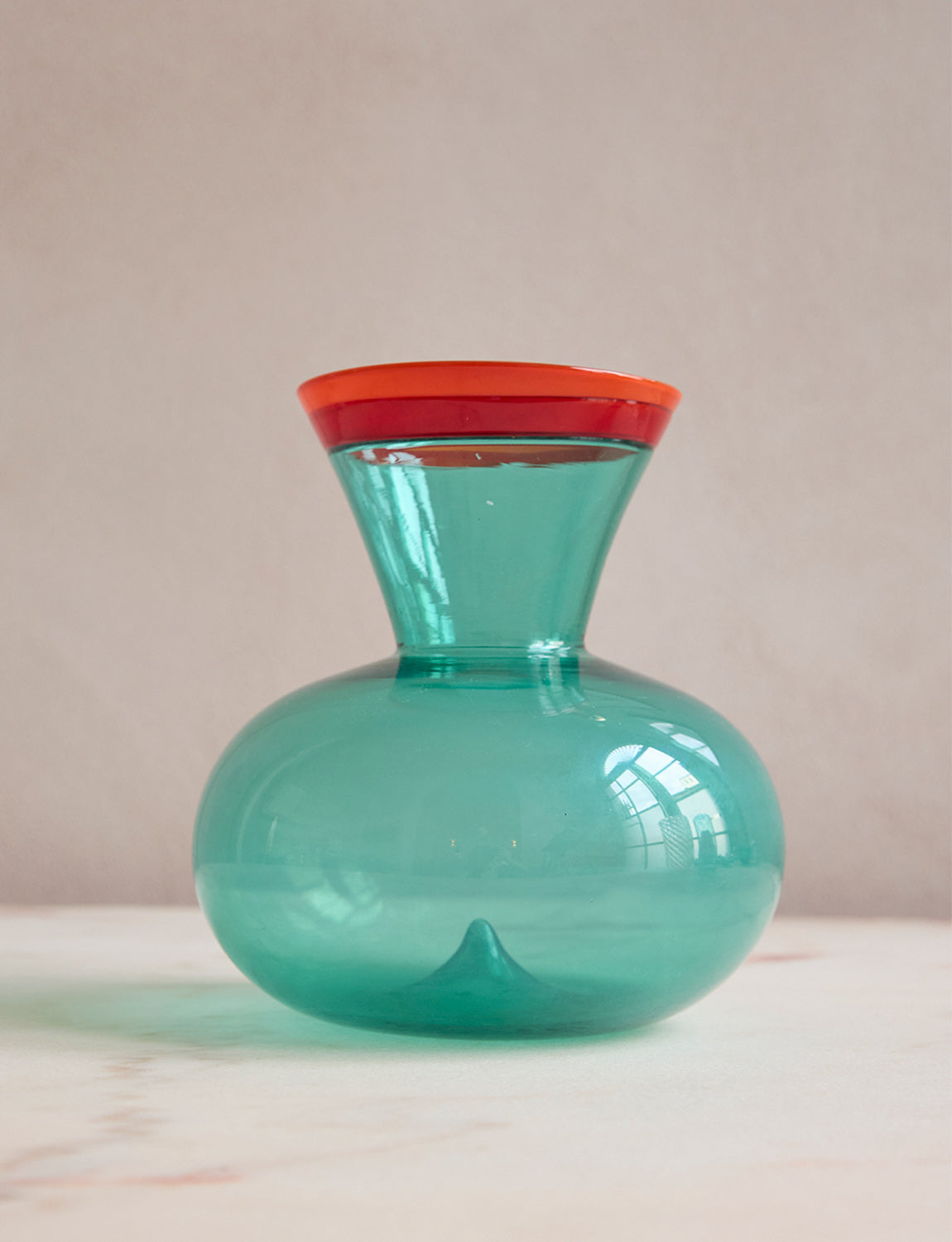 Hand-blown Turquoise Vase with Red and Orange Collar, Flavio Poli, 1955